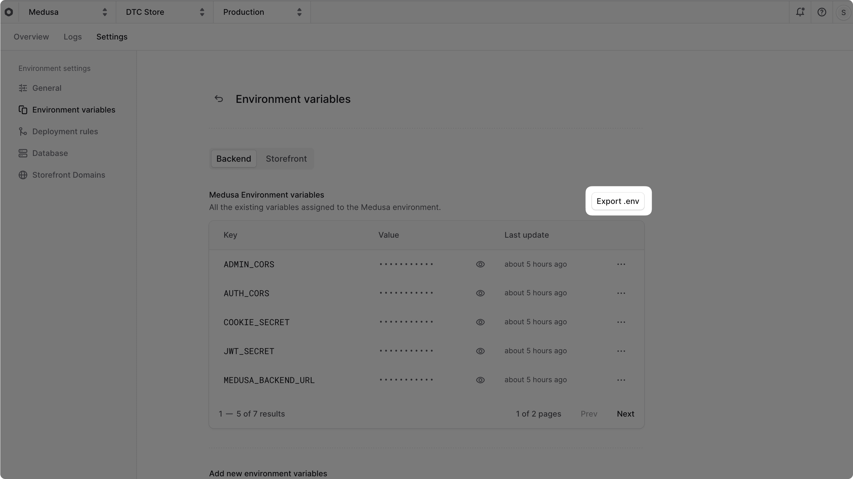 Export env button in the environment's settings tab