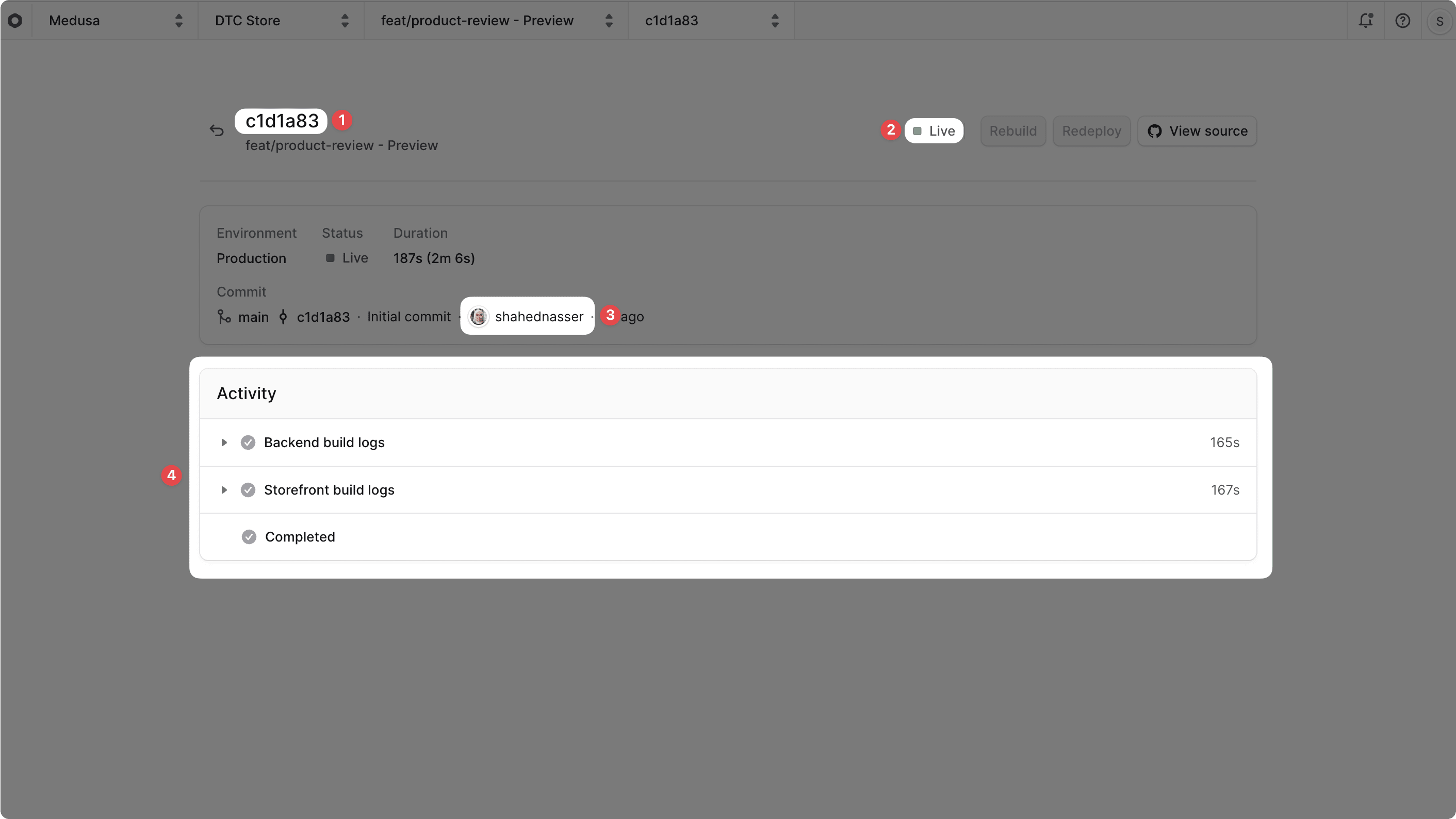 Deployment details page with key sections highlighted