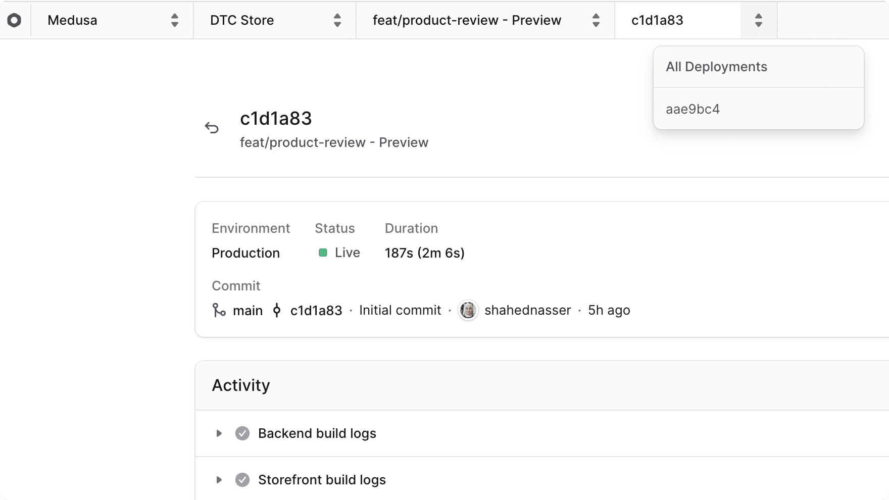 Deployment switcher at the top of the deployment details page