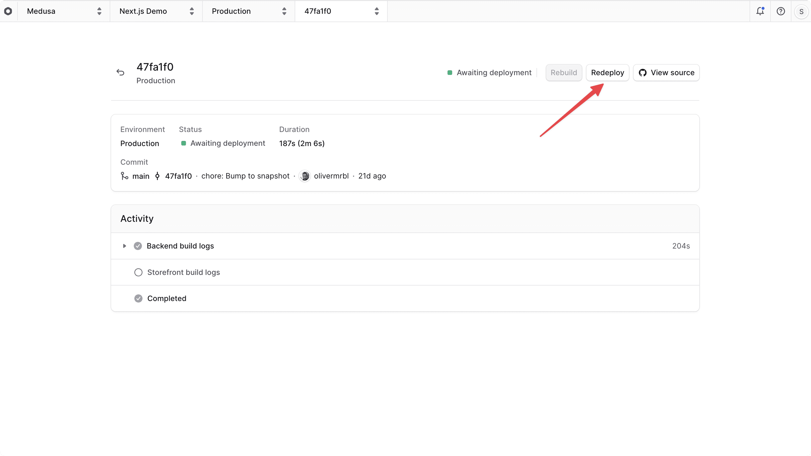 Redeploy button highlighted on the deployment details page