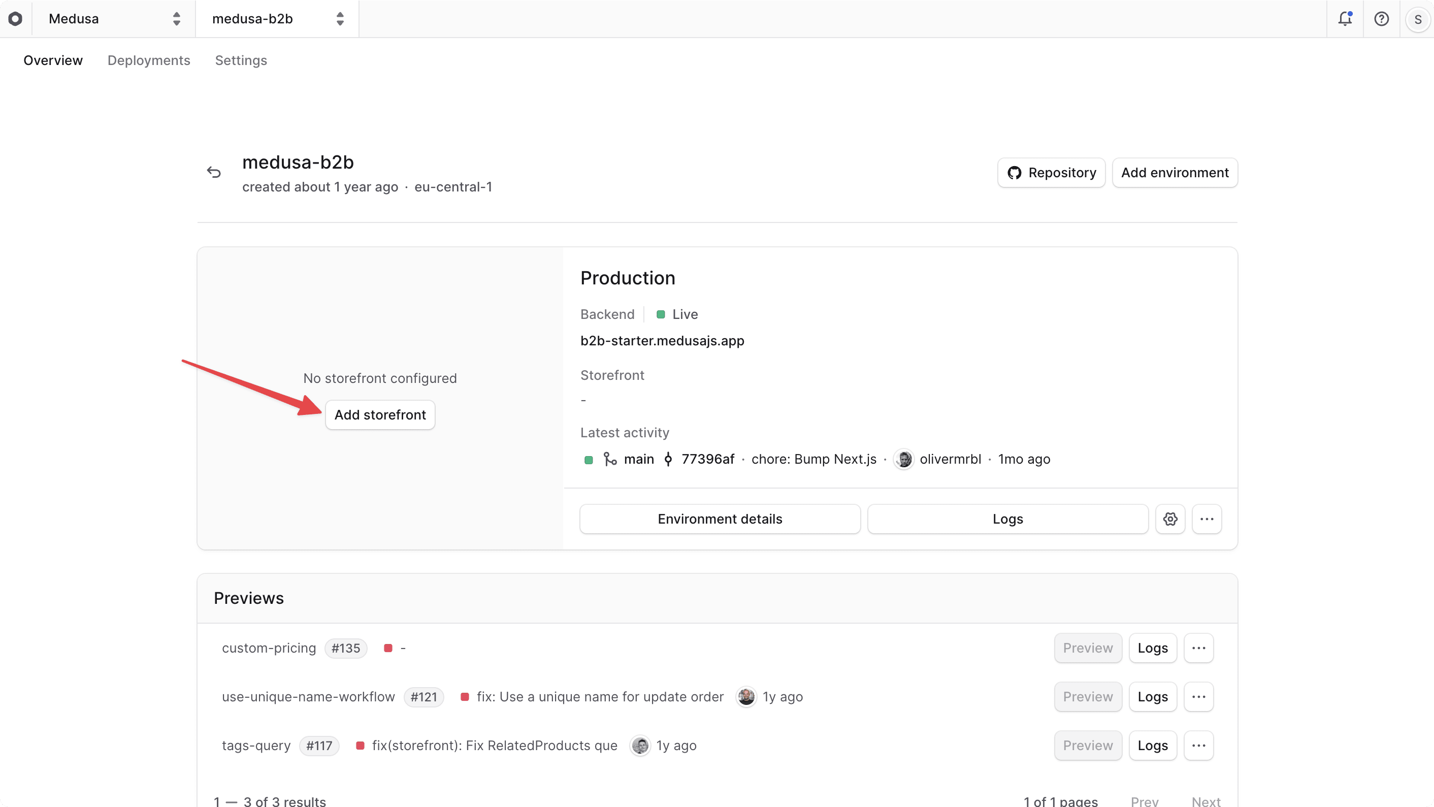 The Add storefront button at the Production environment card