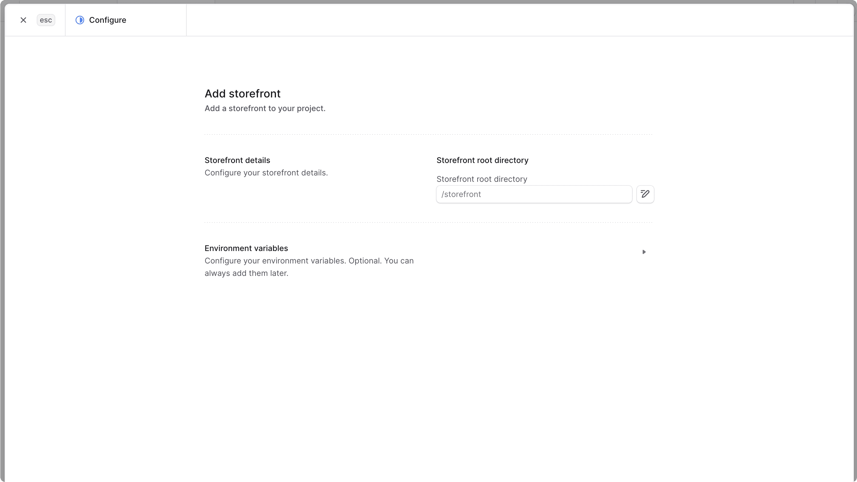 Form to add a storefront to an existing project