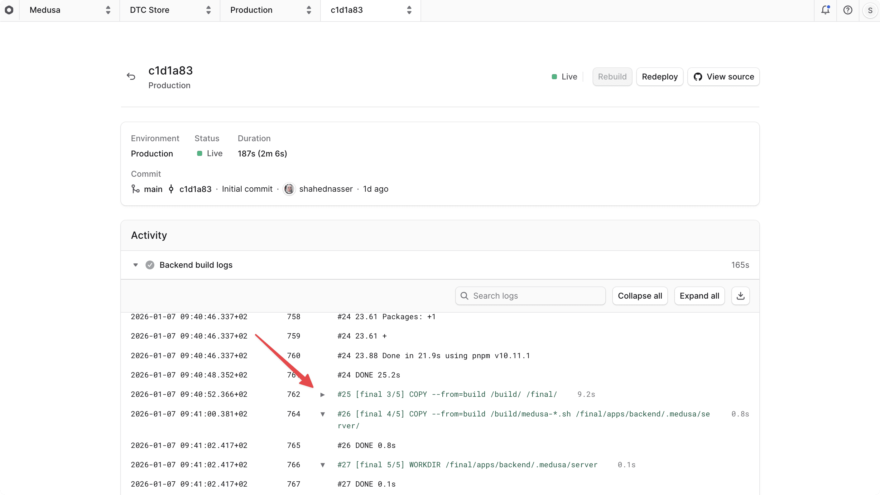 Build logs with one step collapsed