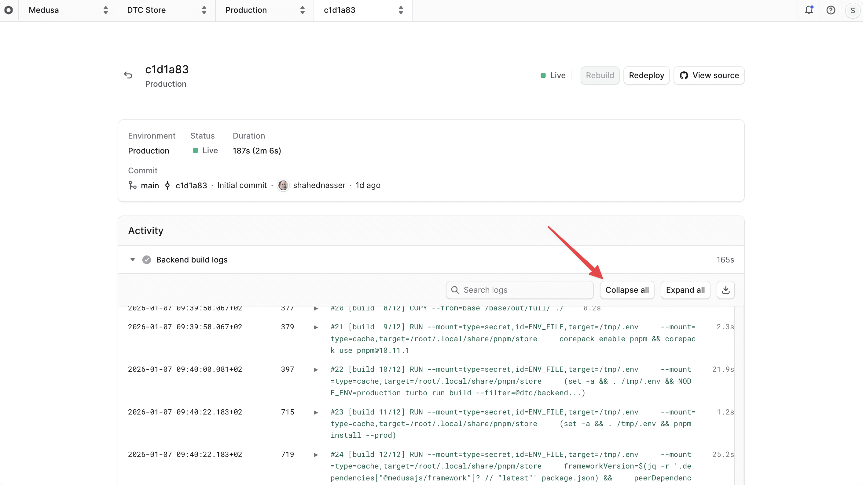 Build logs collapsed