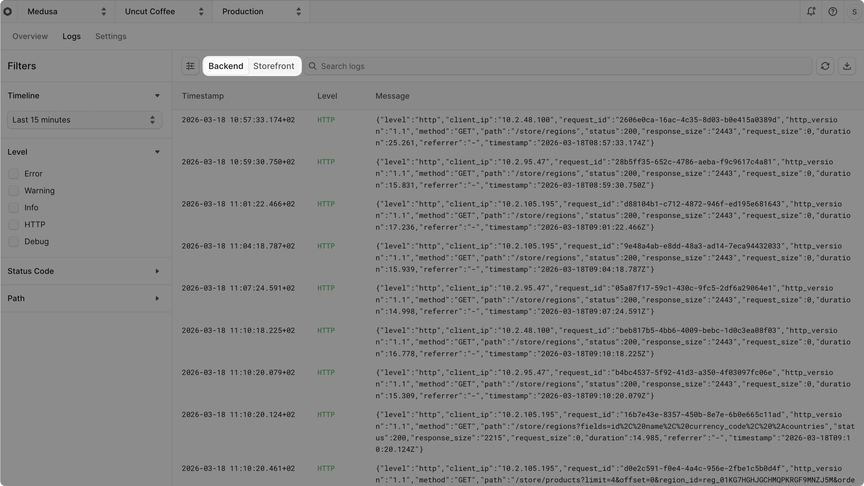 Runtime logs page with the backend and storefront toggle highlighted