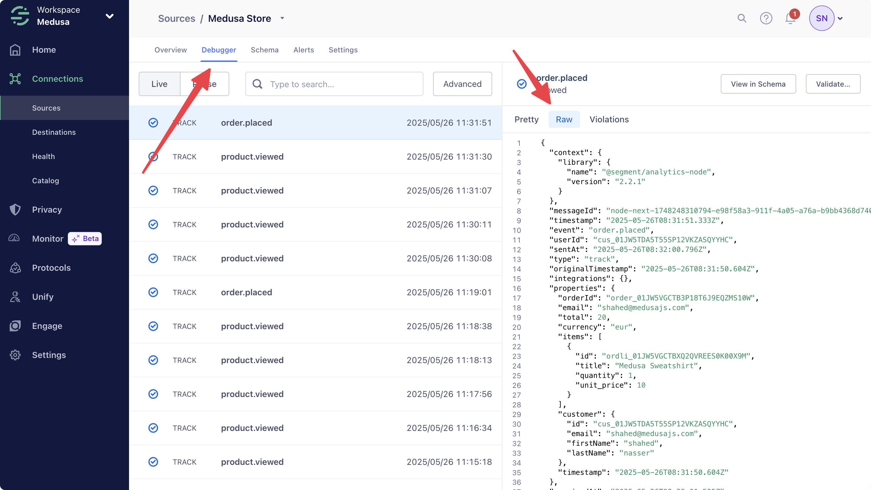 Order Placed Event in Segment Debugger