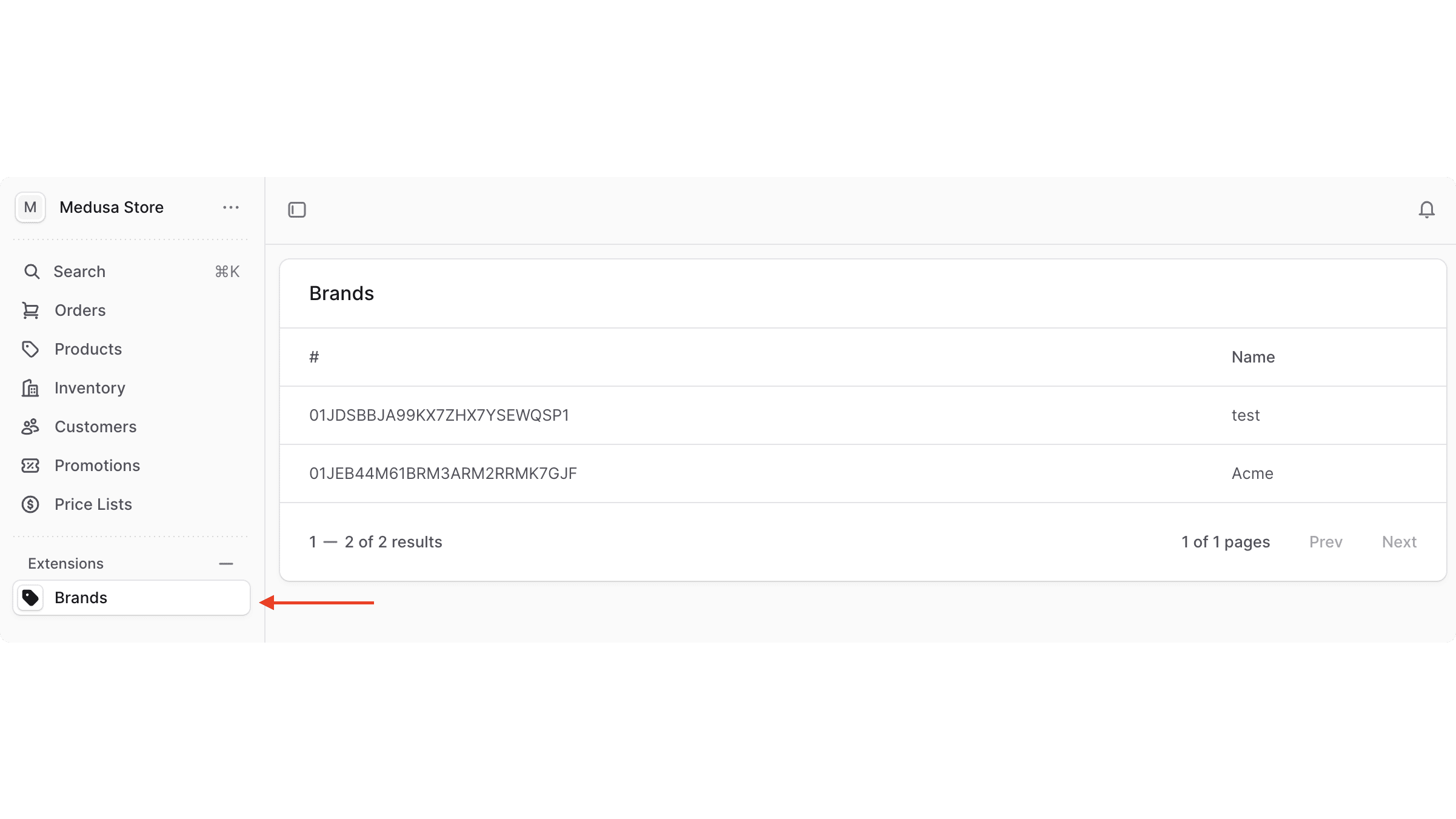 A new sidebar item is added for the new brands UI route. The UI route shows the table of brands with pagination.