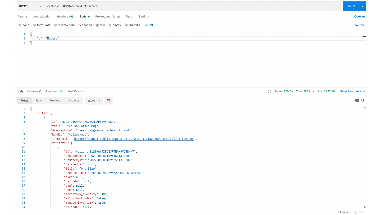 Postman request send to the search API Route that retrieves products using Algolia