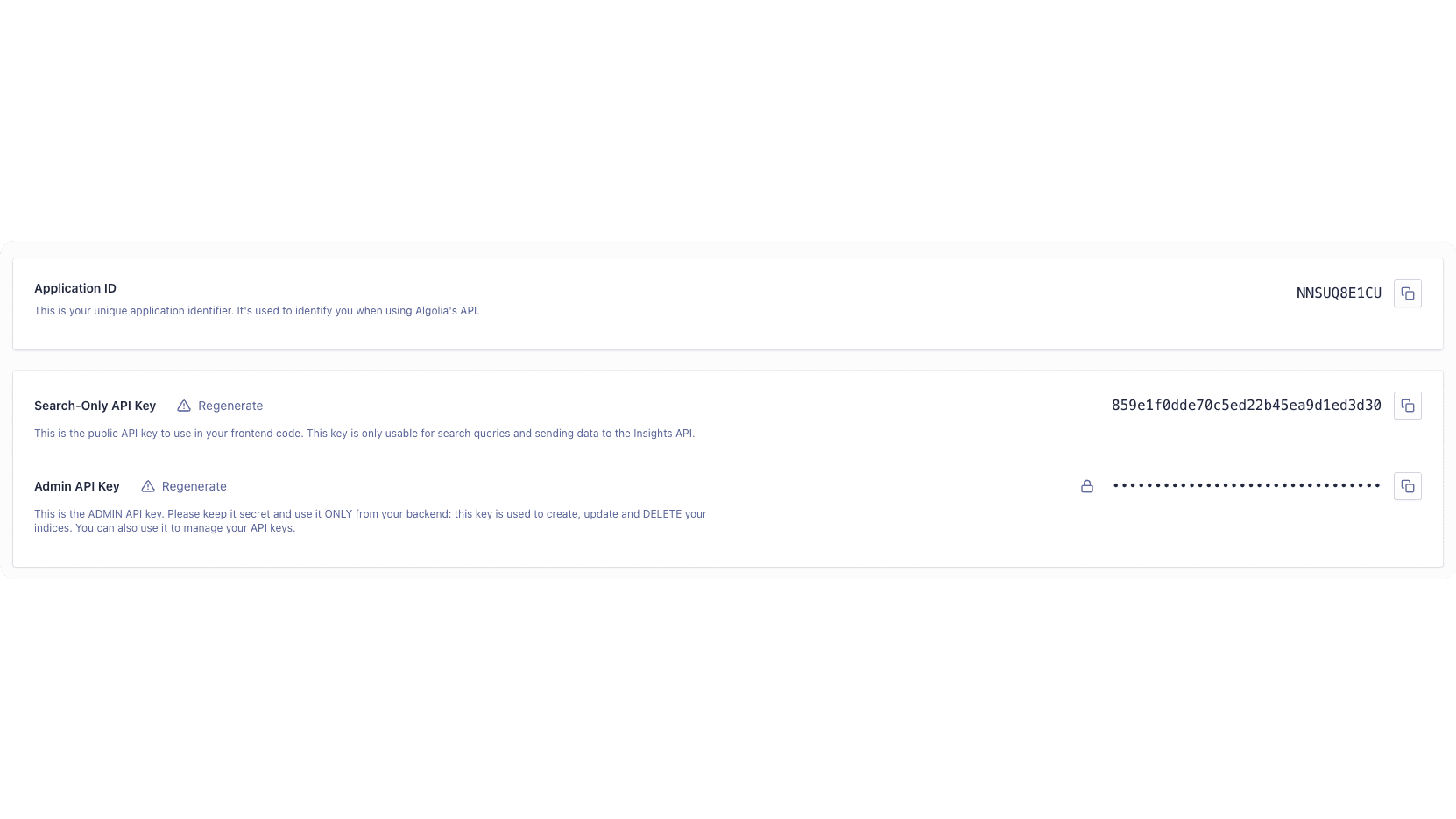 Application ID, Search-Only API Key, and Admin API Key can be found in the API Keys page