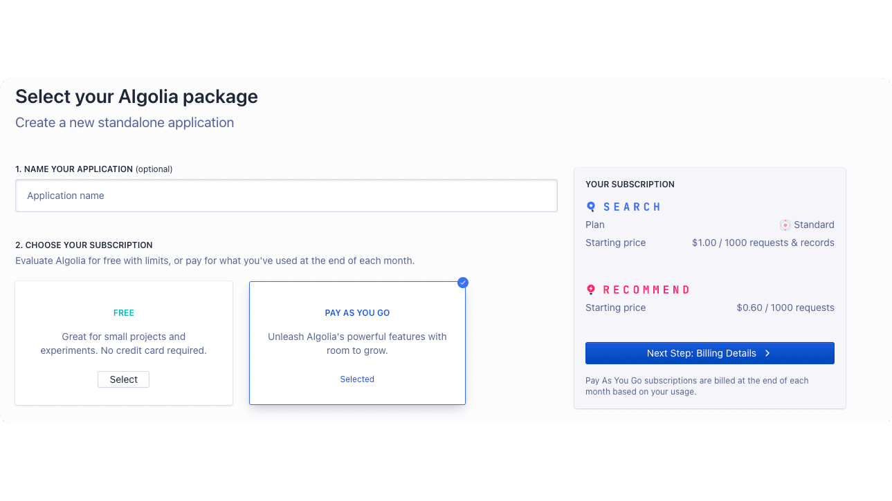 Optionally enter a name for the application and choose a subscription plan