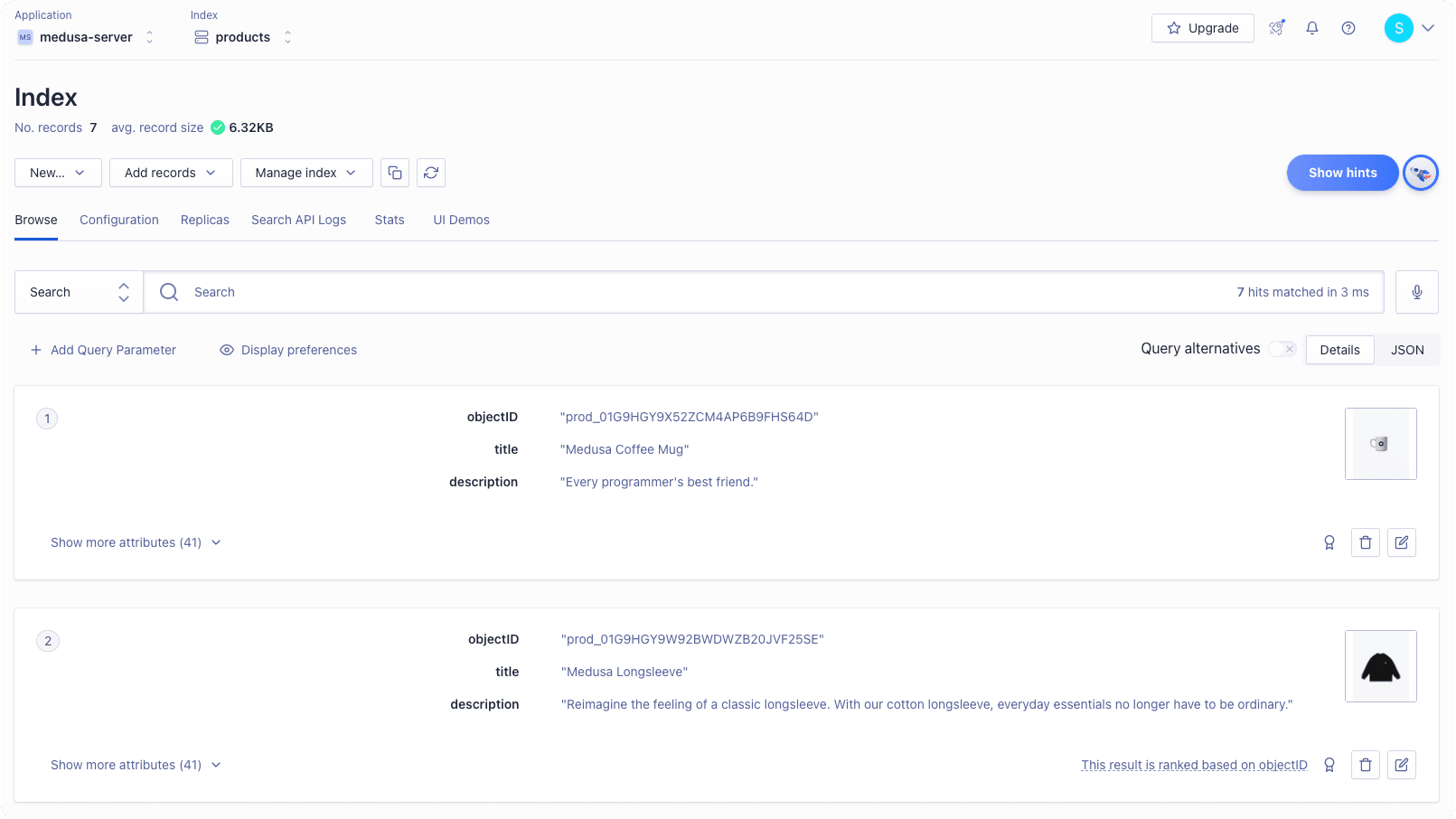 Products from the Medusa backend can be seen on the Algolia dashboard