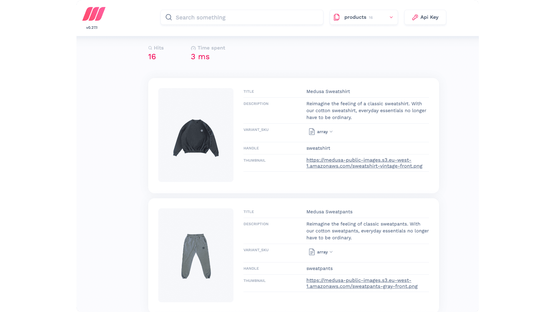 MeiliSearch dashboard showing products from the Medusa backend indexed