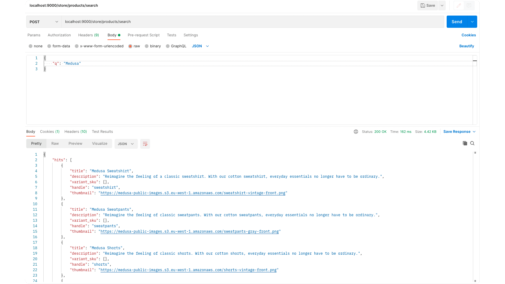 Postman request to search API Route that shows results returned from the search engine