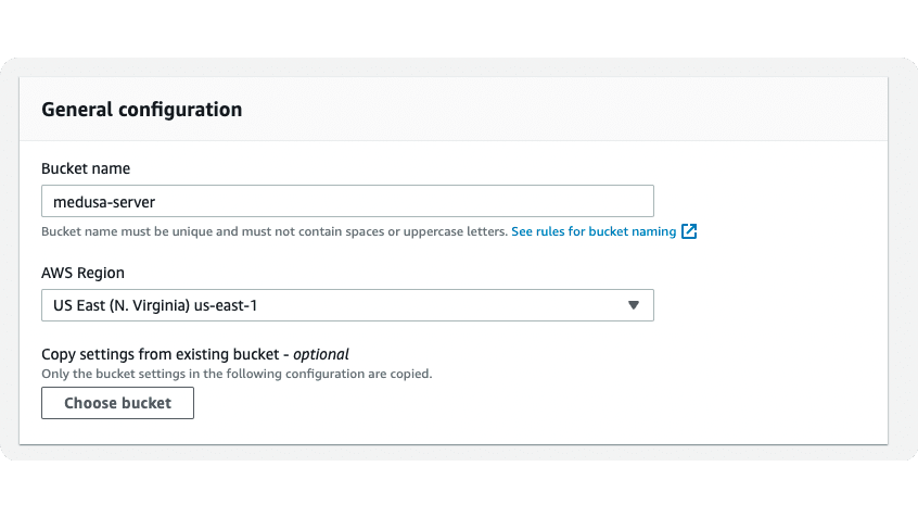 Enter bucket name and choose region in the General Configuration section