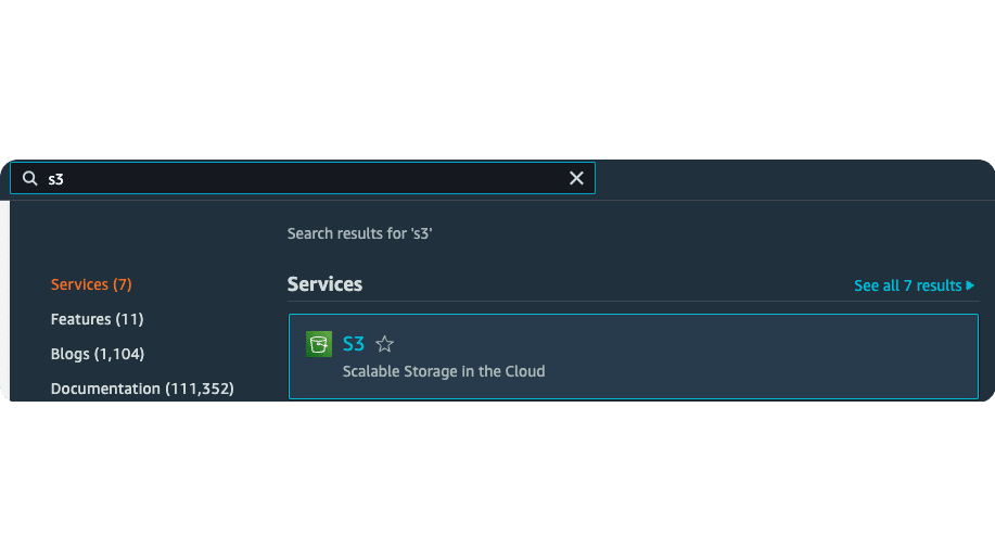 Enter S3 in the search box and choose S3 from the result in the Services category