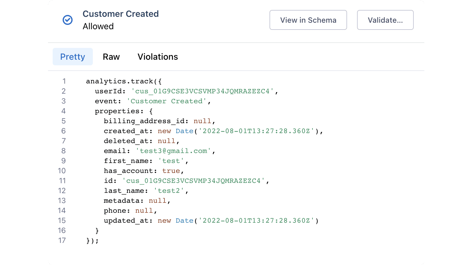 The customer created event is recorded on the Segment source