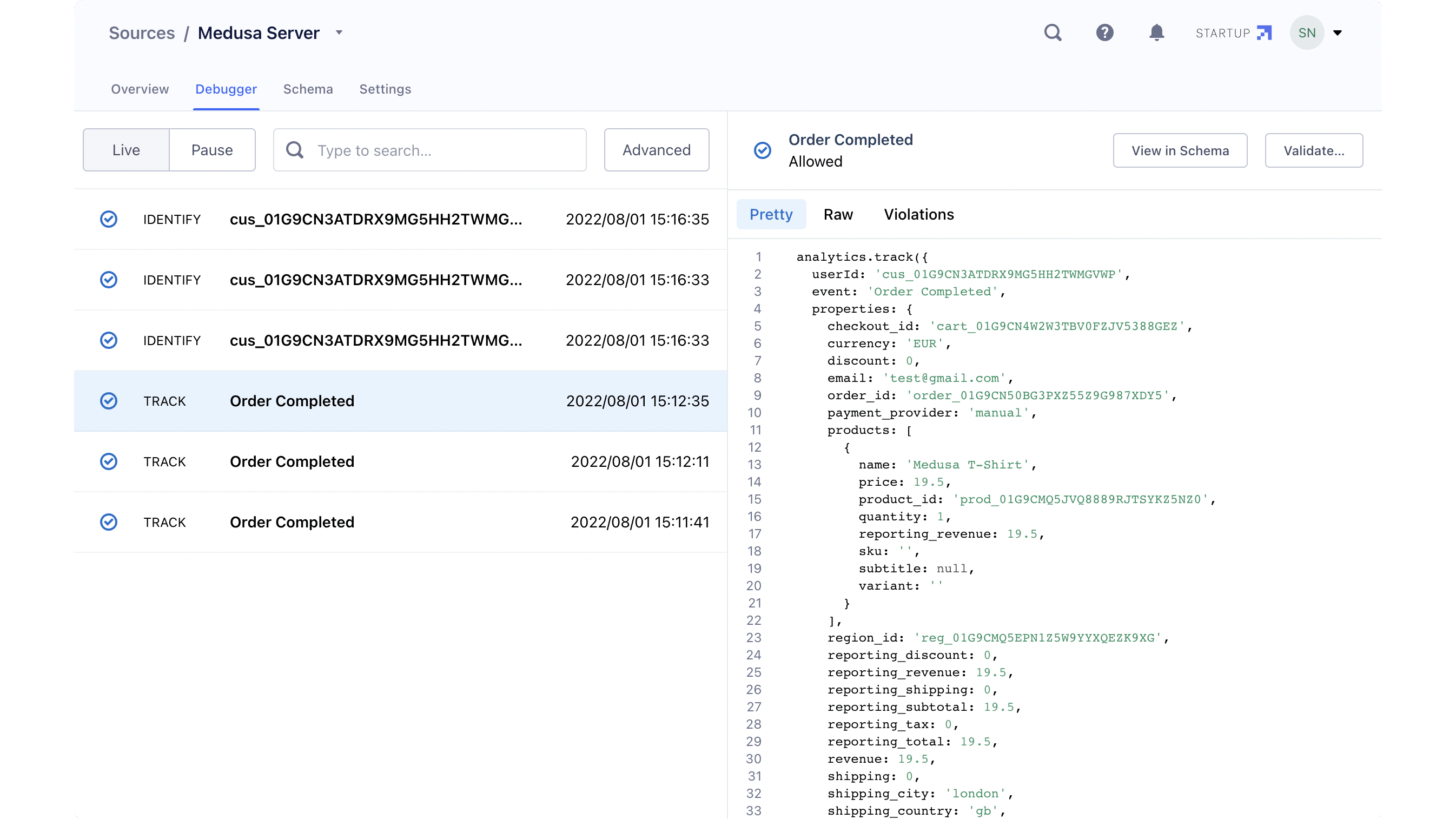 The order completed event is recorded on the Segment source