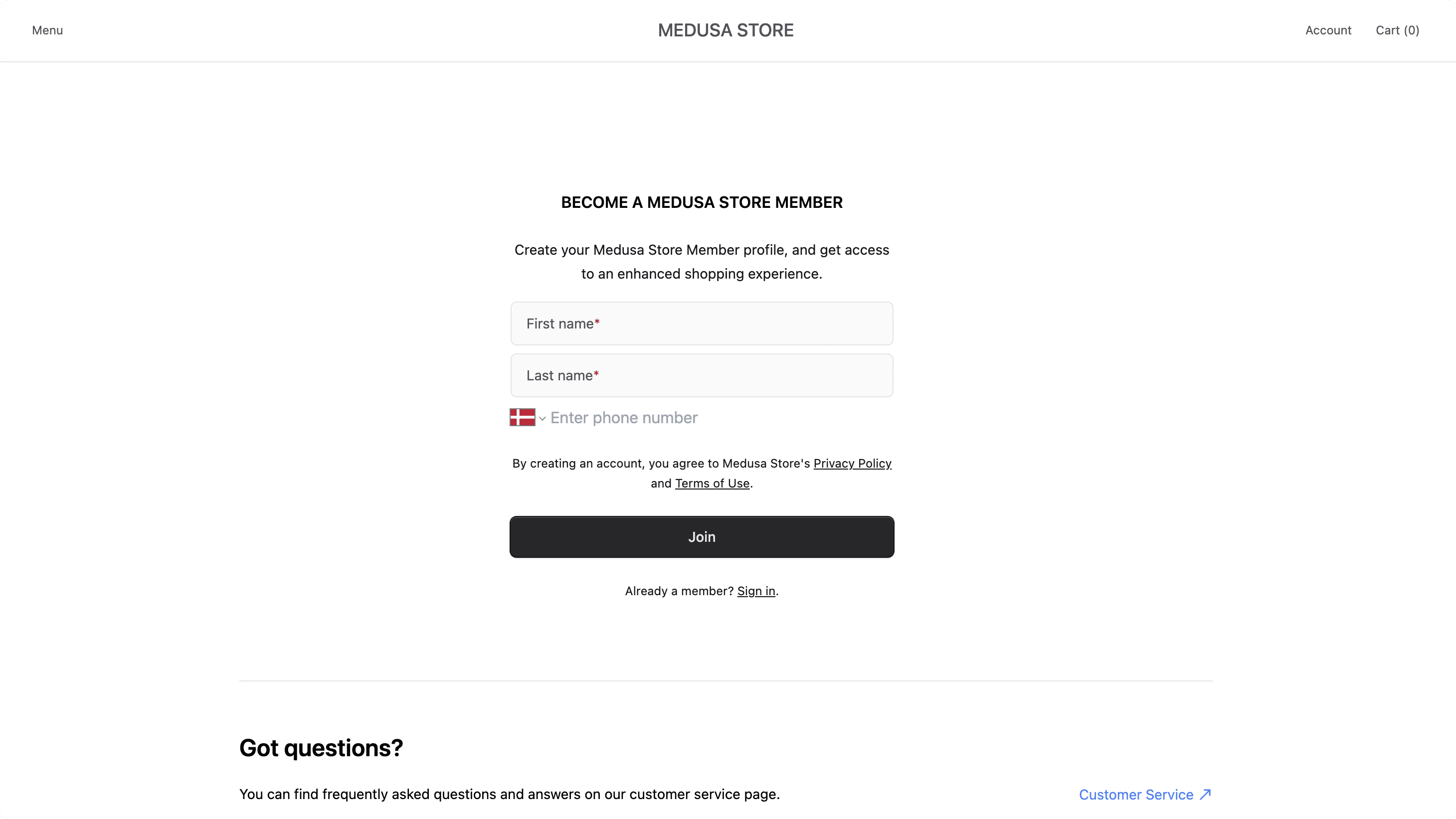 Registration form with phone number input