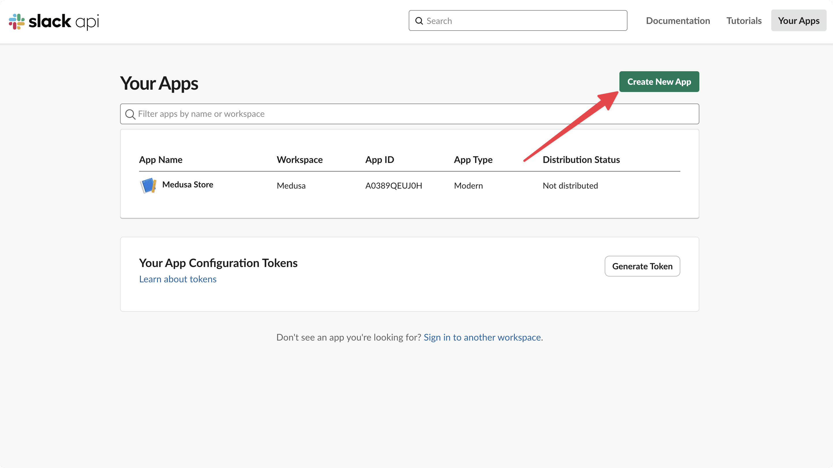 Slack Apps page interface showing the prominent green "Create New App" button in the top navigation area, which initiates the process of creating a new Slack application for integrating with external services like Medusa