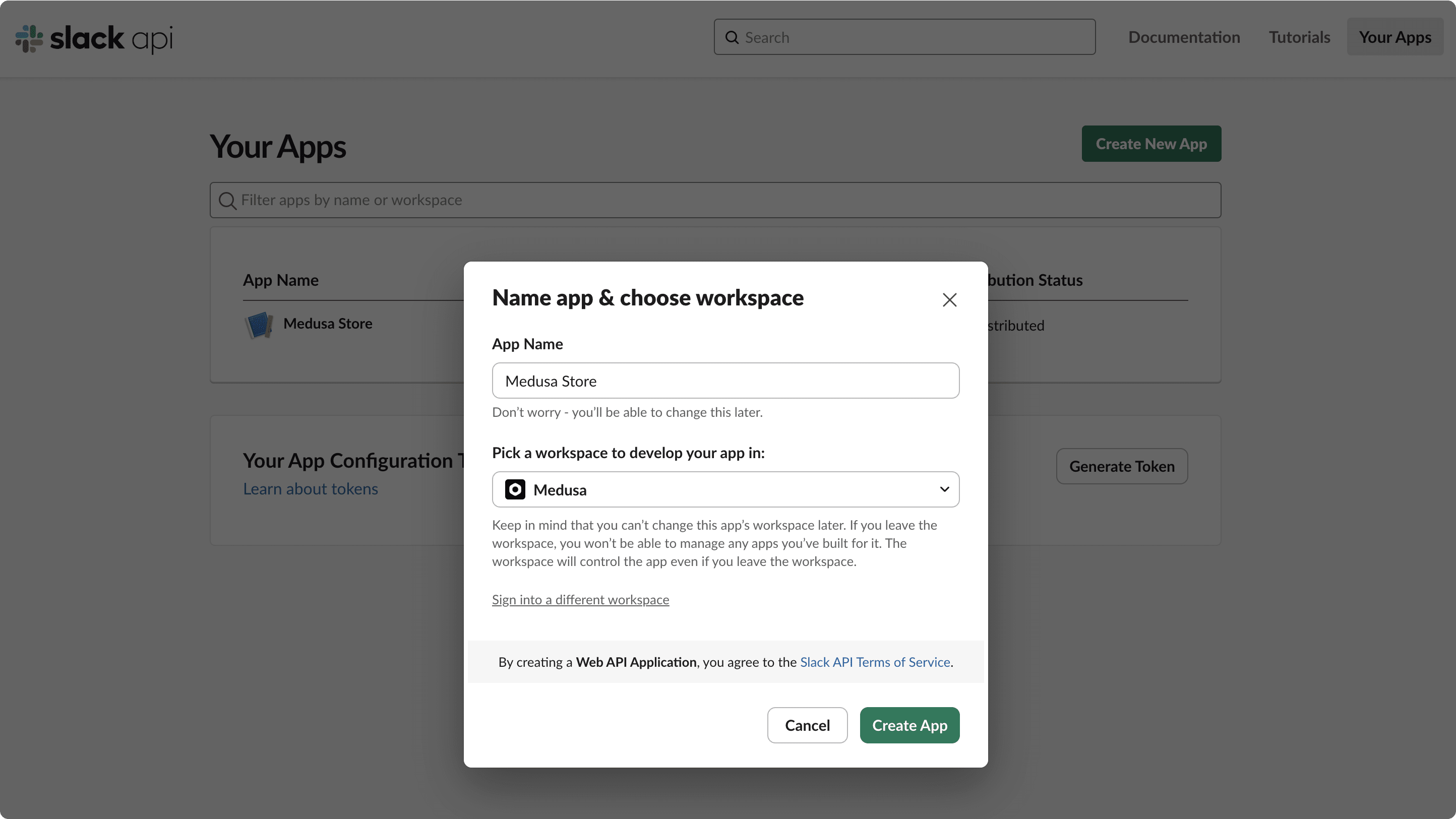 Slack app creation modal dialog with options to create app "From scratch" or "From an app manifest", including form fields for app name and workspace selection, with a "Create App" button to confirm the new Slack application setup