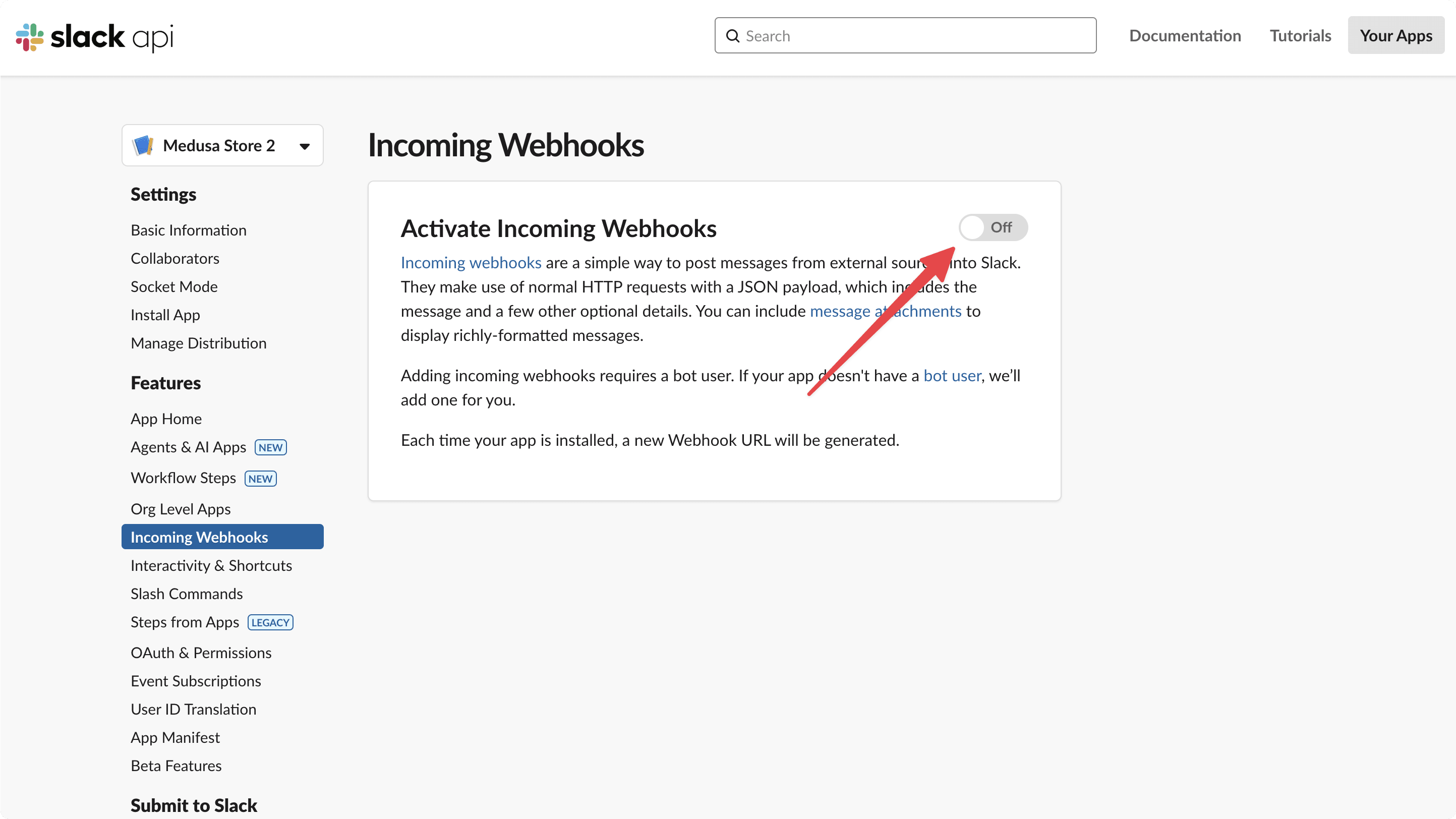 Slack app configuration page showing the Incoming Webhooks settings with the "Activate Incoming Webhooks" toggle switch prominently displayed, which enables the app to receive webhook notifications from external services like Medusa