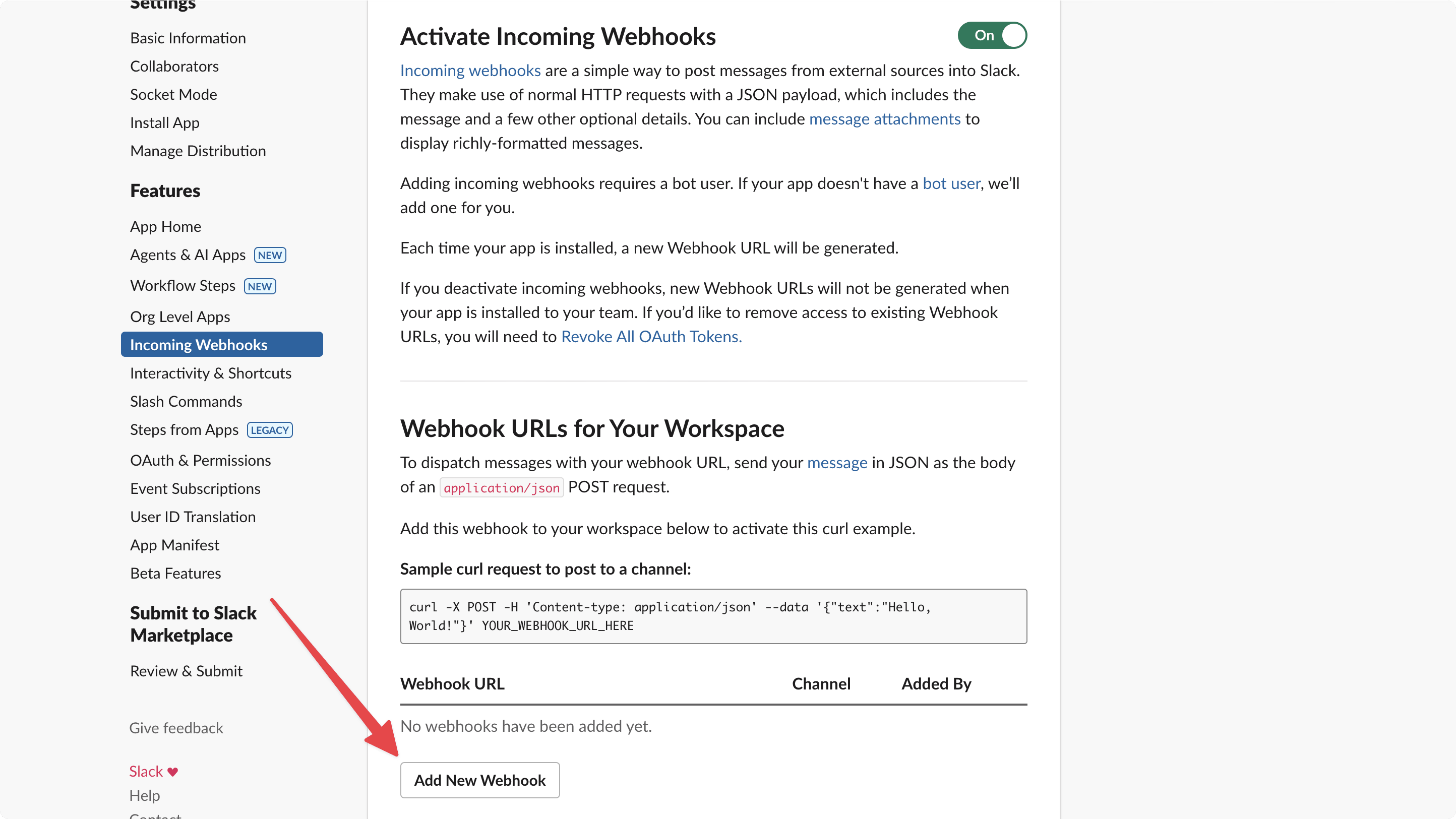 Webhook configuration section displaying the "Add New Webhook" button in the "Webhook URLs for Your Workspace" area, allowing users to create a new webhook endpoint for receiving automated notifications in their Slack workspace