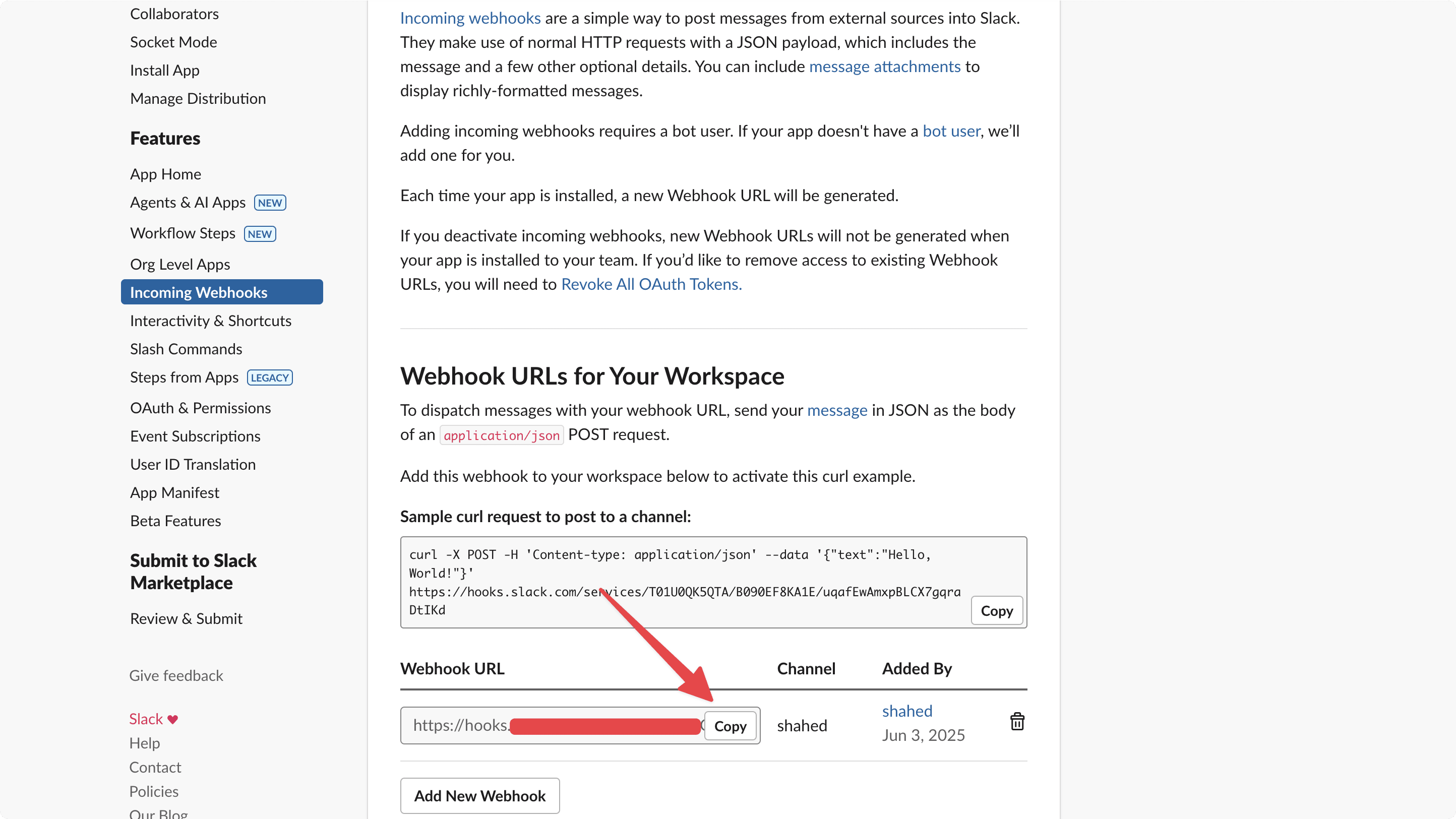 Slack webhook URL generation interface showing the newly created webhook URL with a copy button, which provides the unique endpoint URL needed to configure Medusa for sending automated notifications to the selected Slack channel