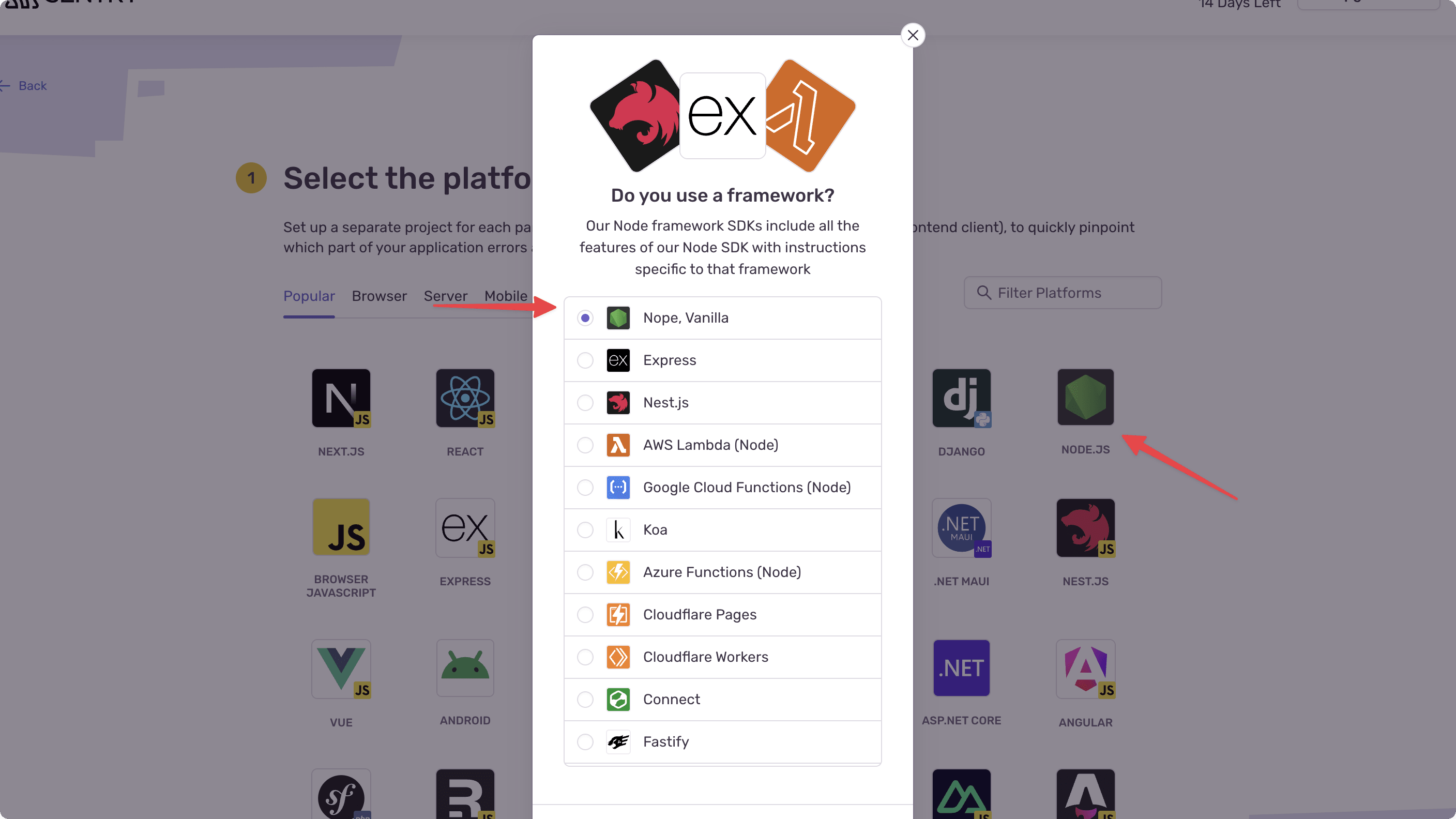 Screenshot of the pop up with Node, Vanilla selected