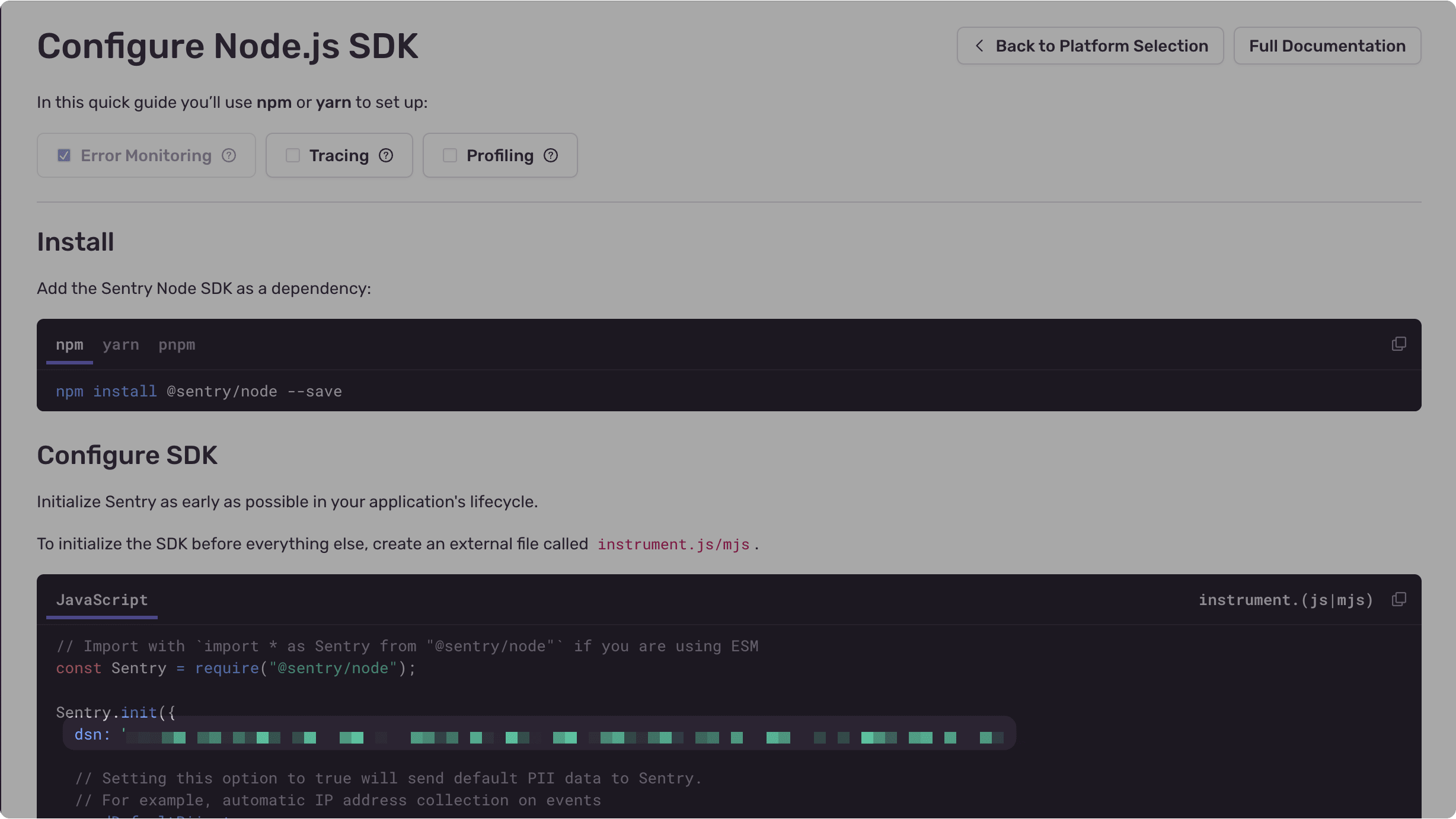 Screenshot of the Configure Node.js SDK step with the DSN highlighted