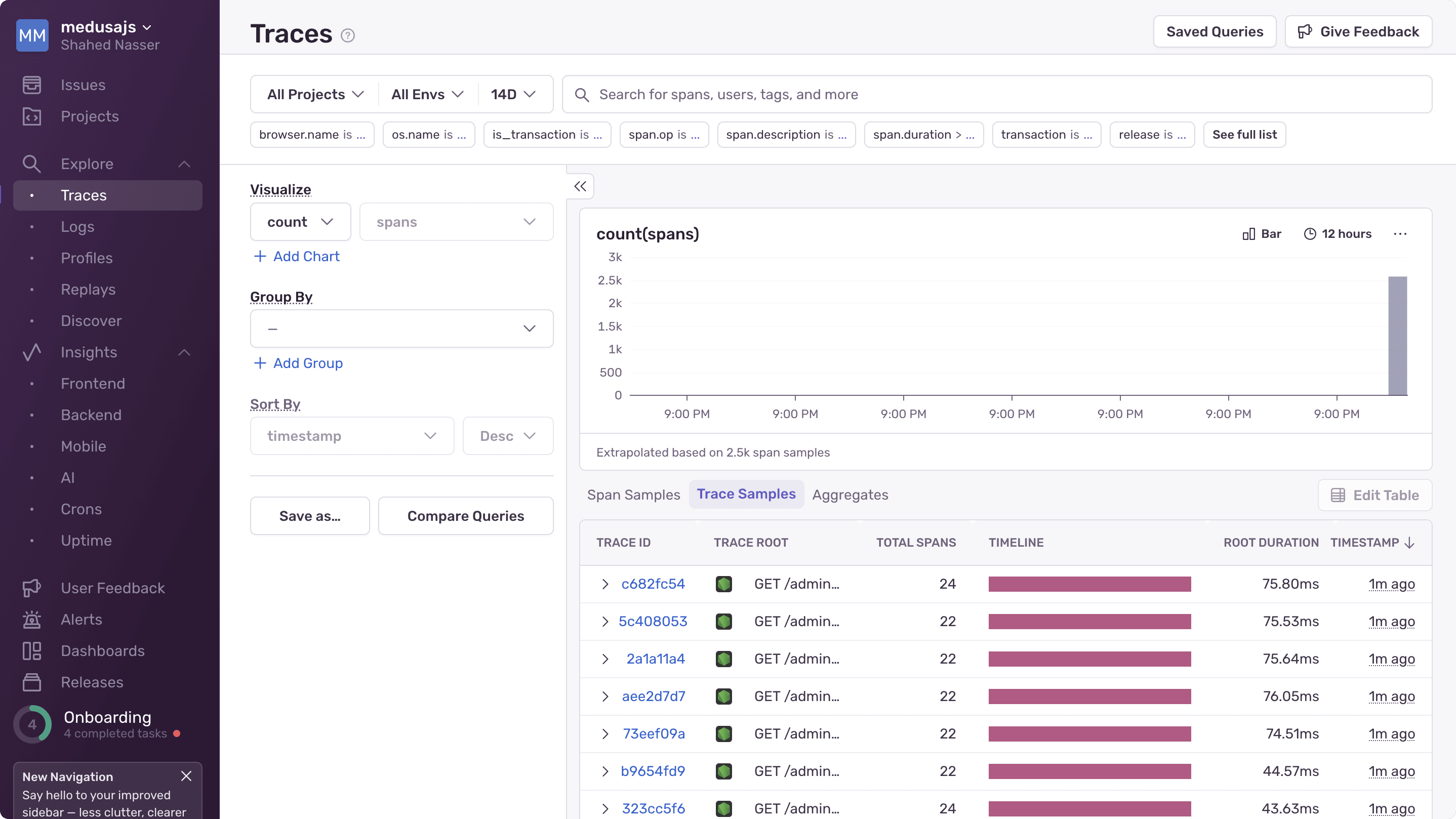 Sentry dashboard with traces listed