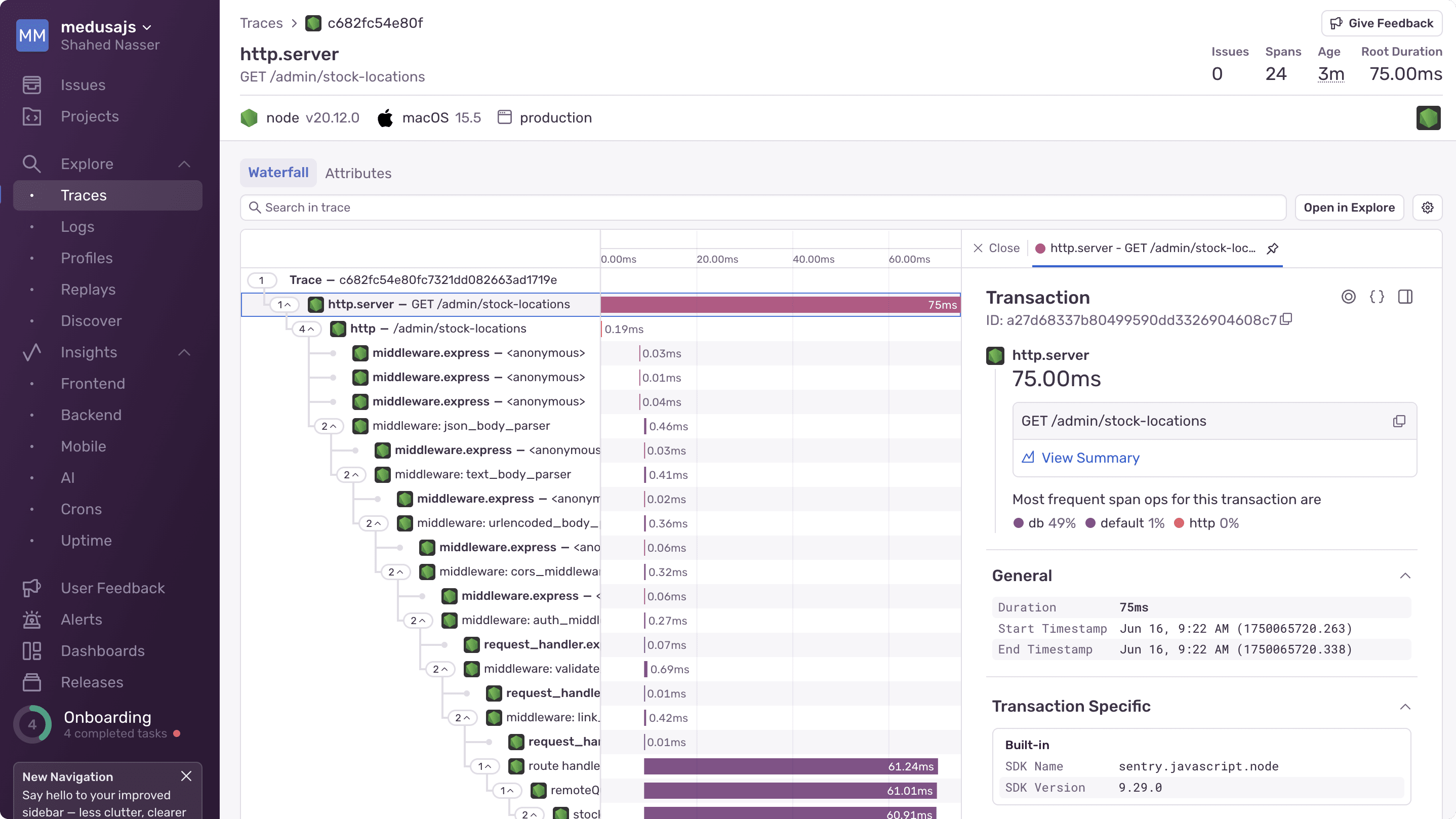 Sentry trace details with HTTP request and workflow execution