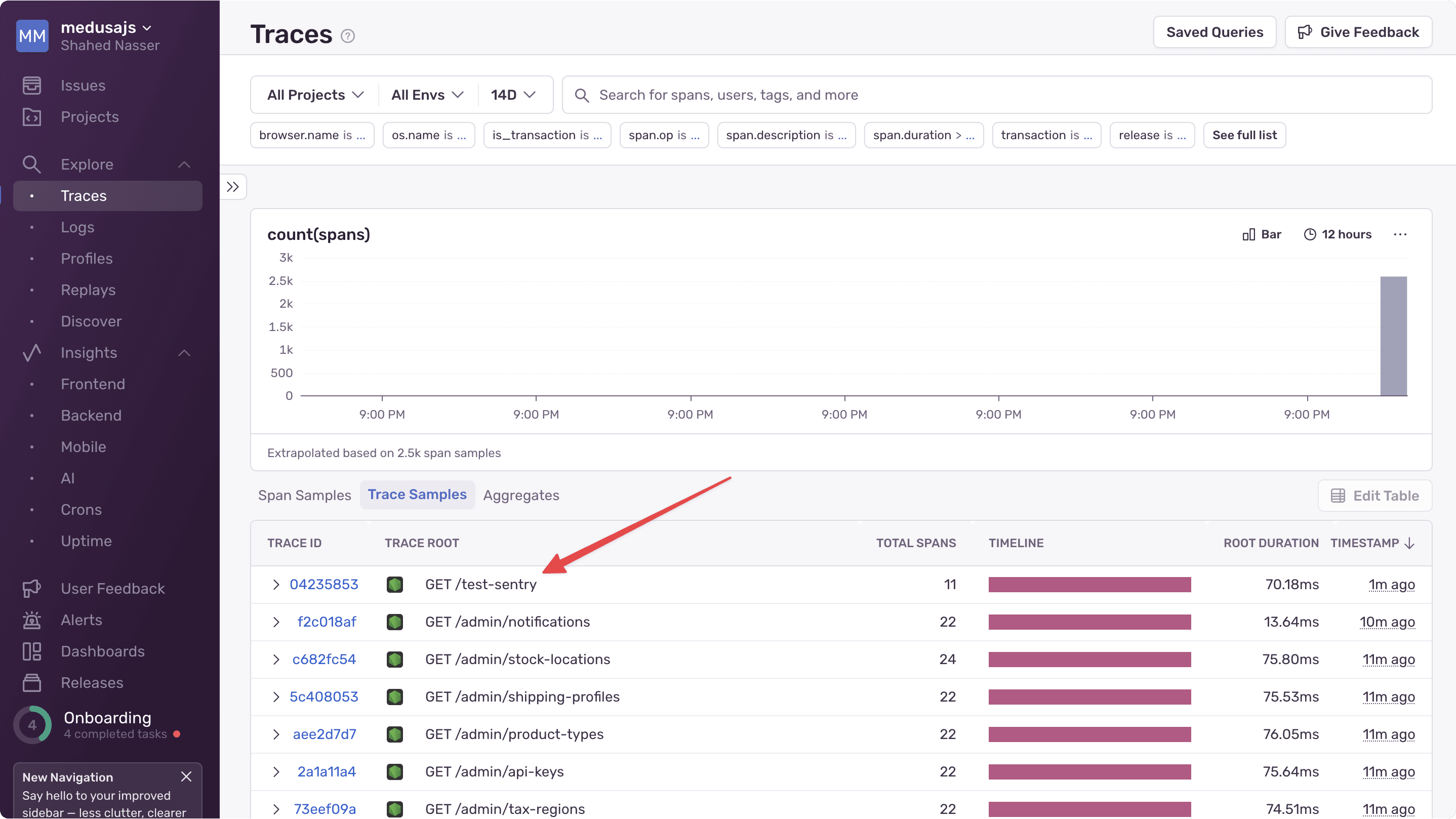 Trace dashboard with the test API route trace