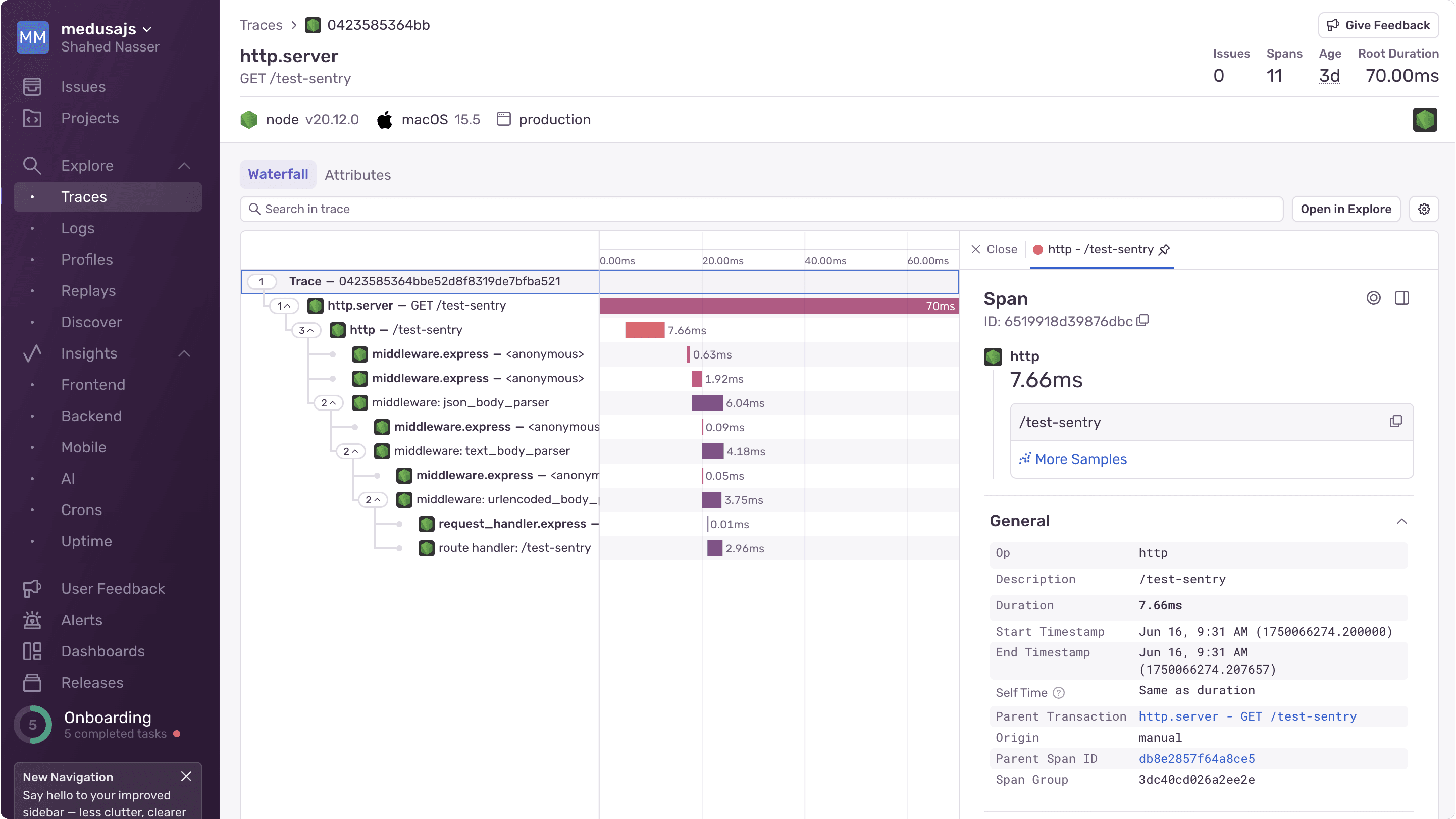 Sentry trace details with error breadcrumbs