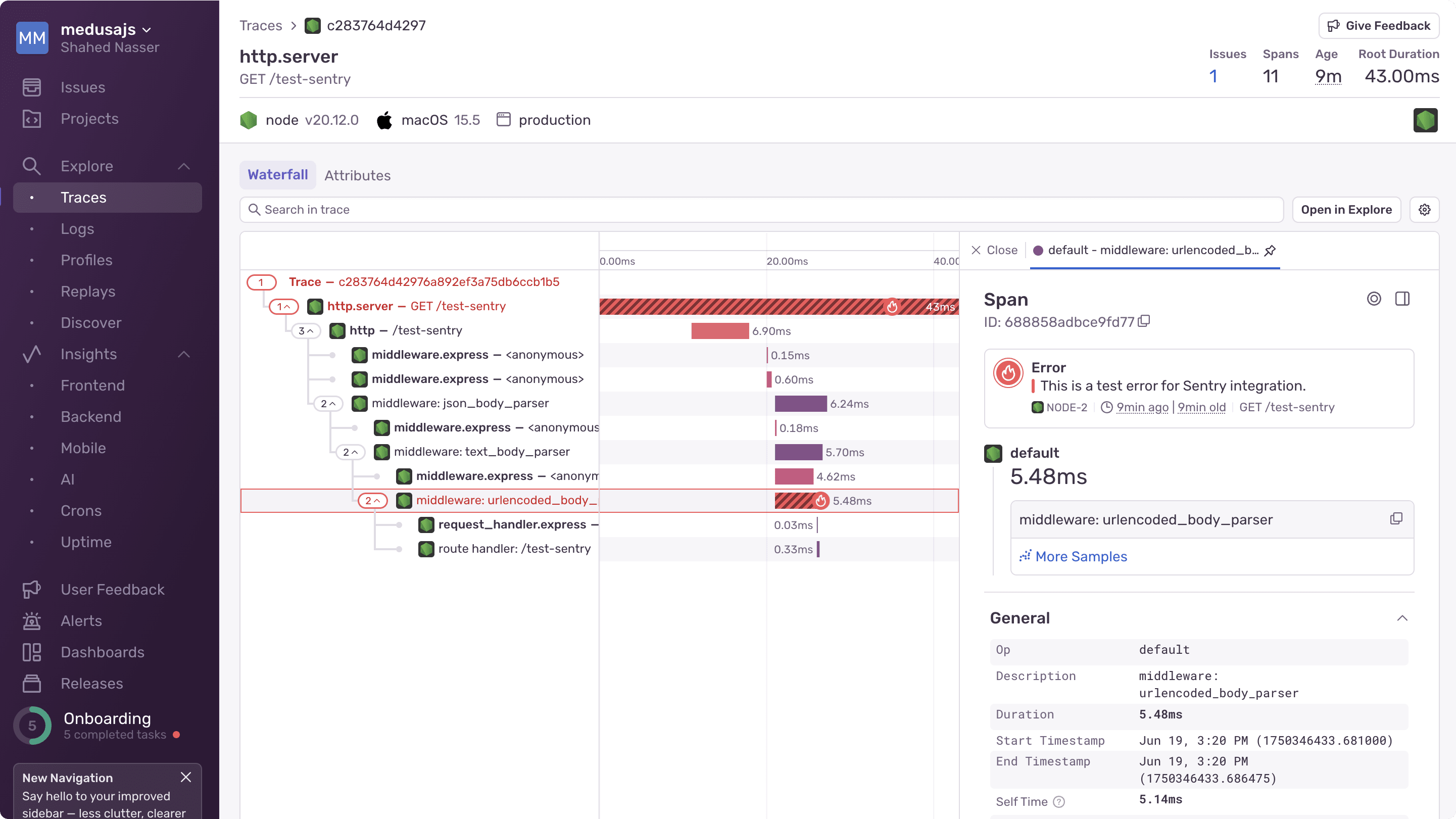 Sentry trace details with error message