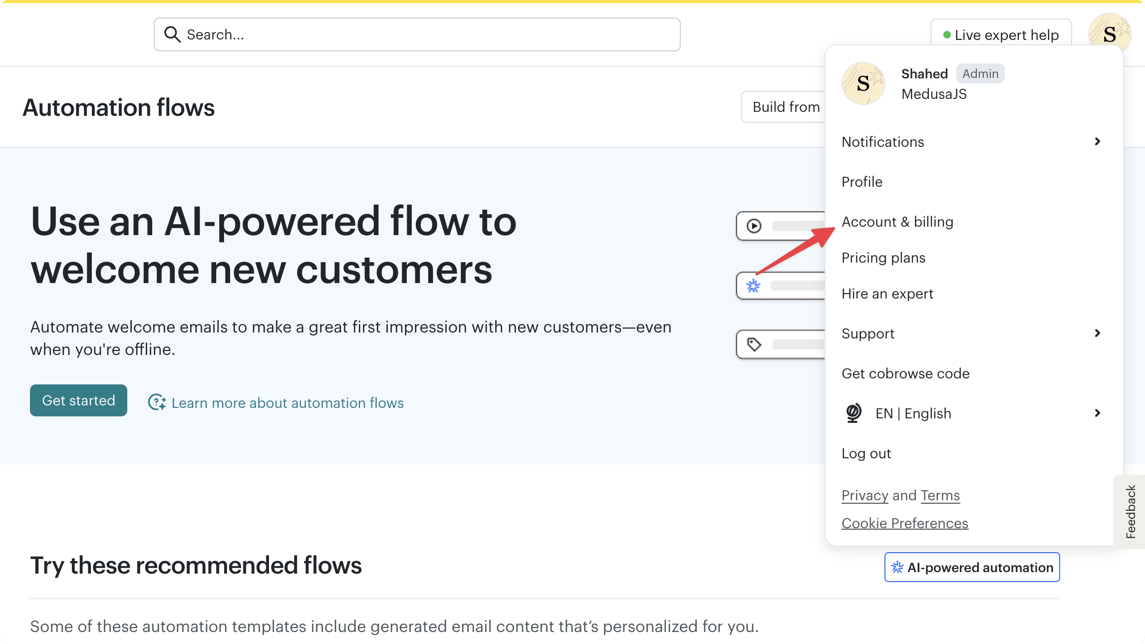 Mailchimp dashboard with the profile menu opened