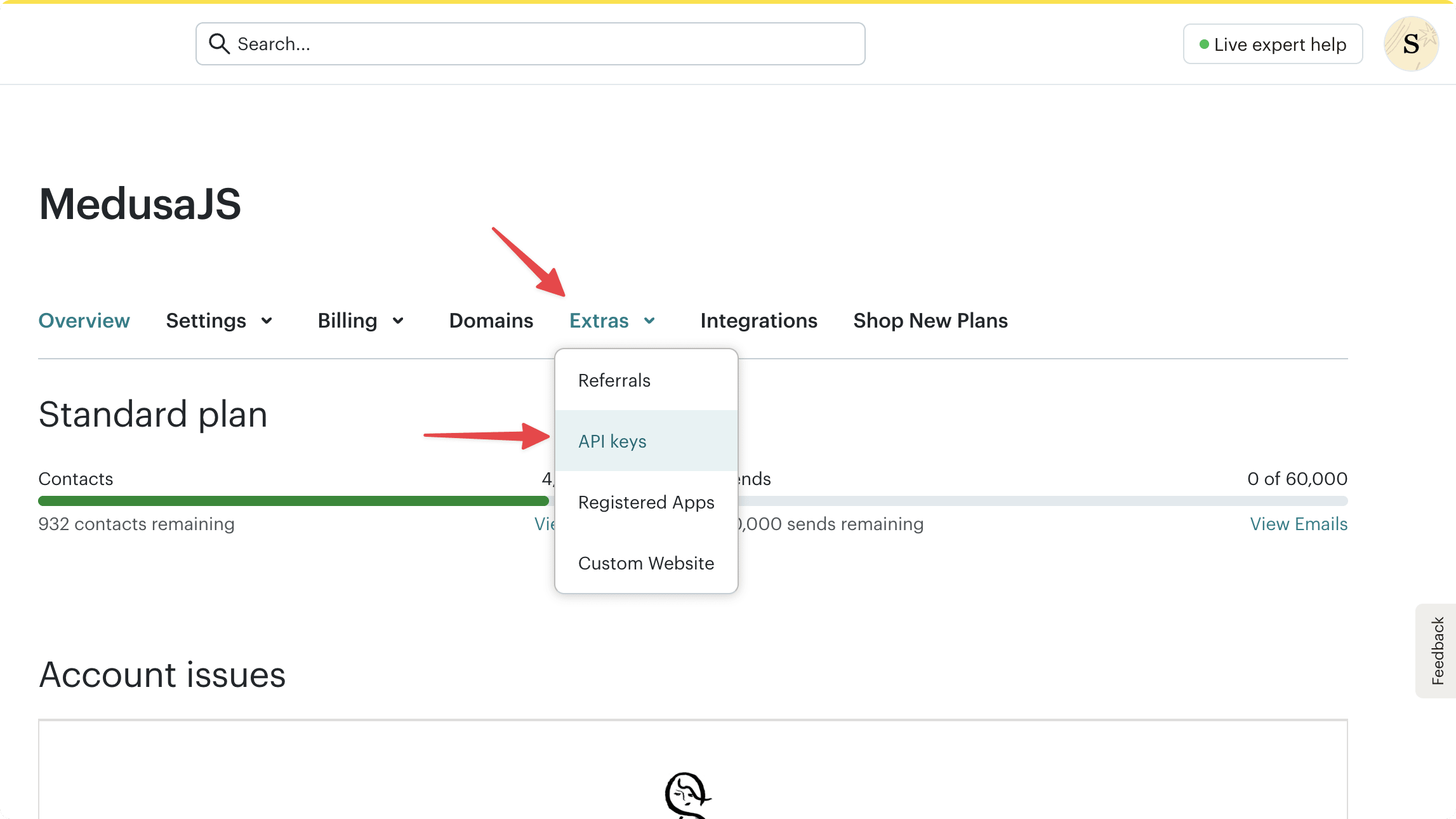 Mailchimp account page with the Extras dropdown opened