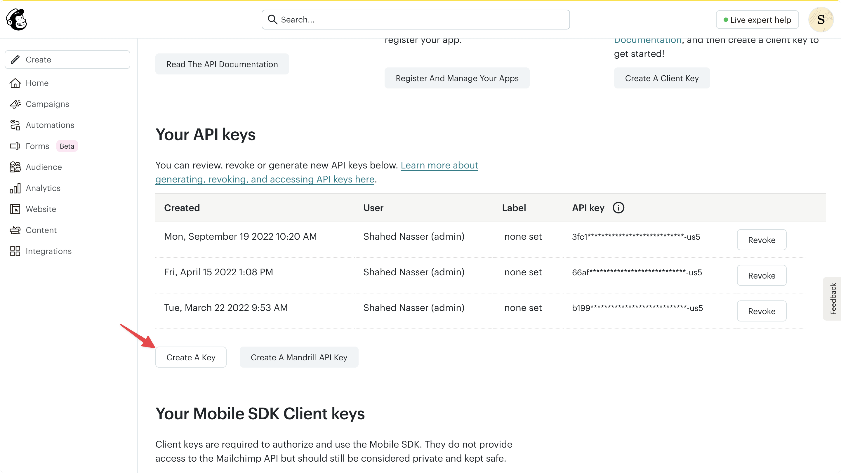 Mailchimp API keys page with the Create A Key button highlighted