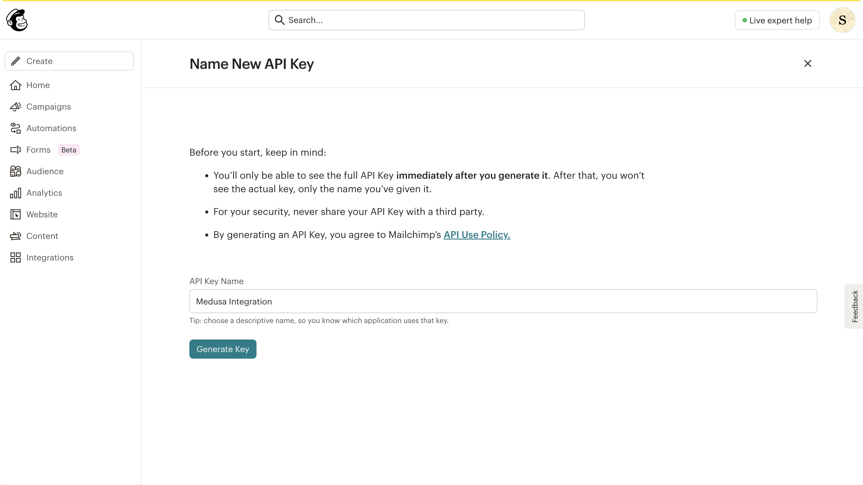 Mailchimp API key creation form with a name field