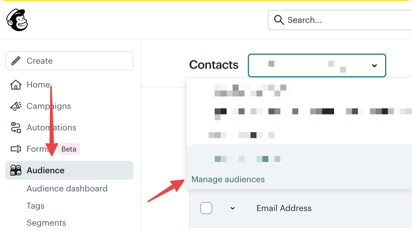 Mailchimp audience management page with the Manage Audiences option highlighted