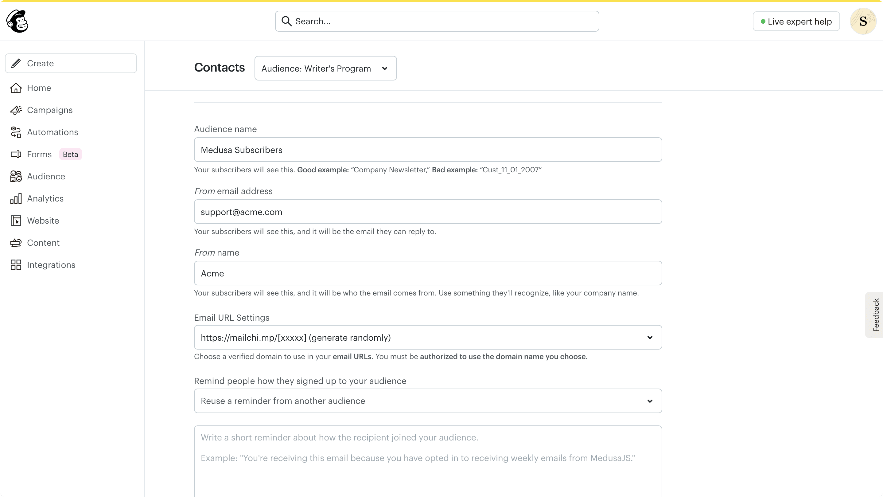 Mailchimp audience creation form with fields for audience name, default from email address, and default from name