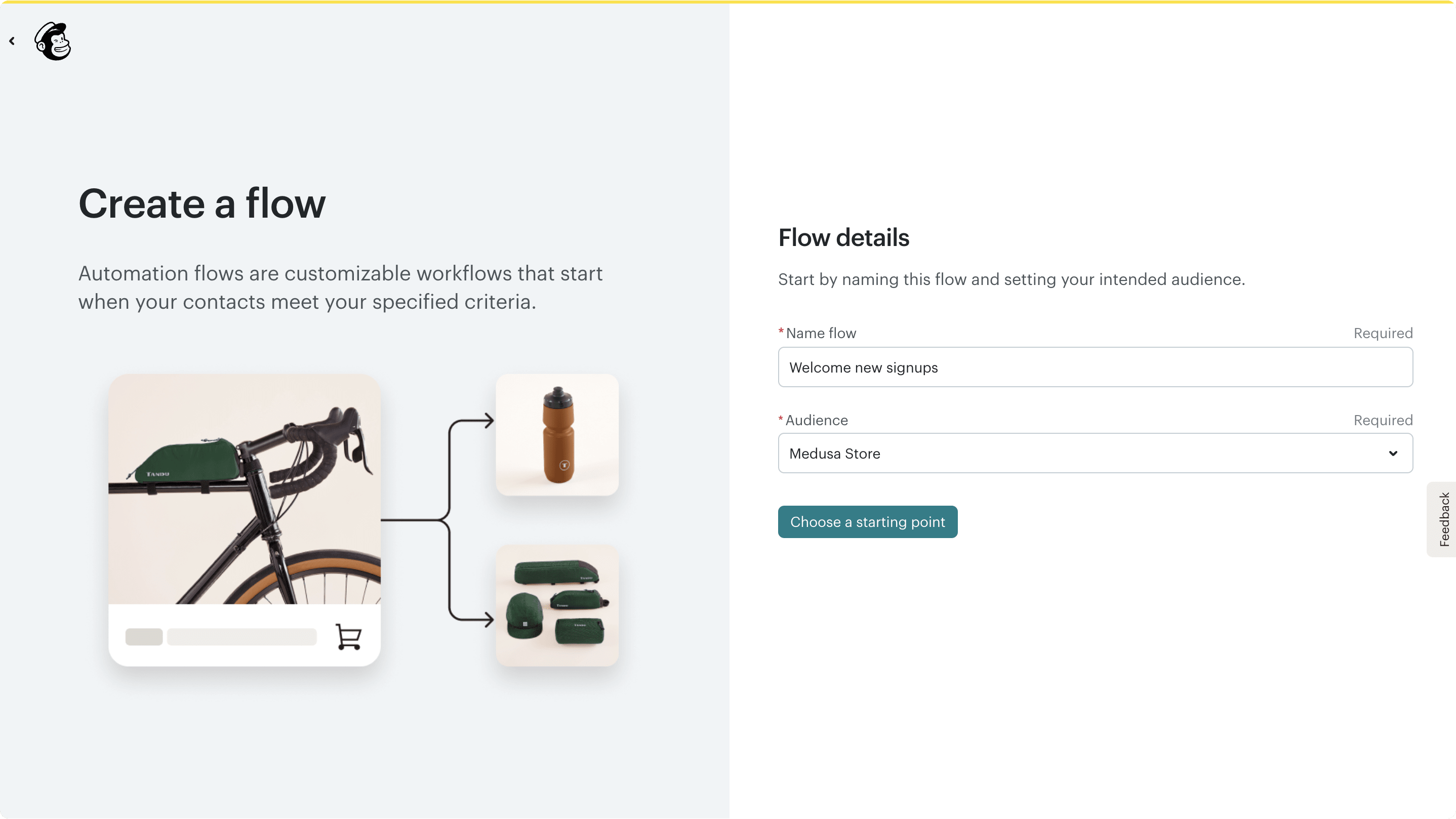 Mailchimp automation flow creation form with fields for flow name and audience selection