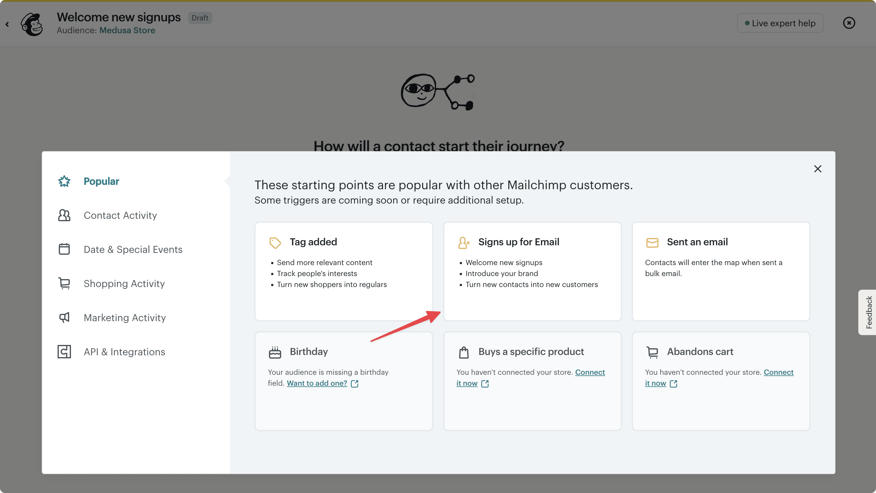 Mailchimp automation flow editor with the Signs up for Email template highlighted
