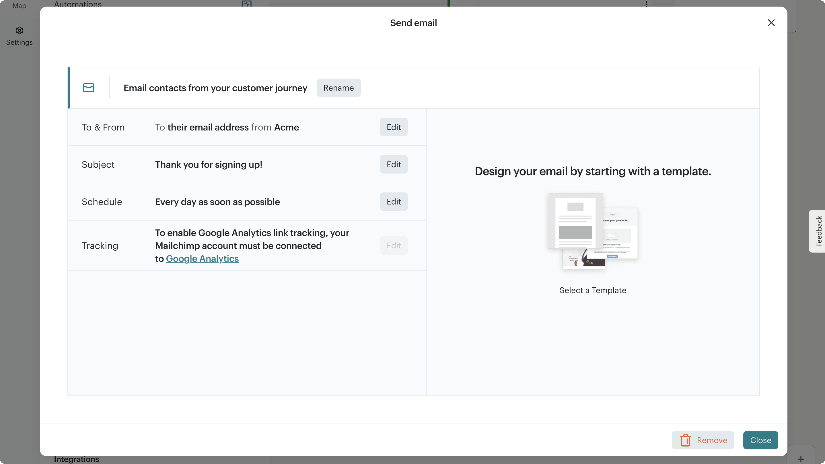 Mailchimp automation flow editor with the Send Email action highlighted