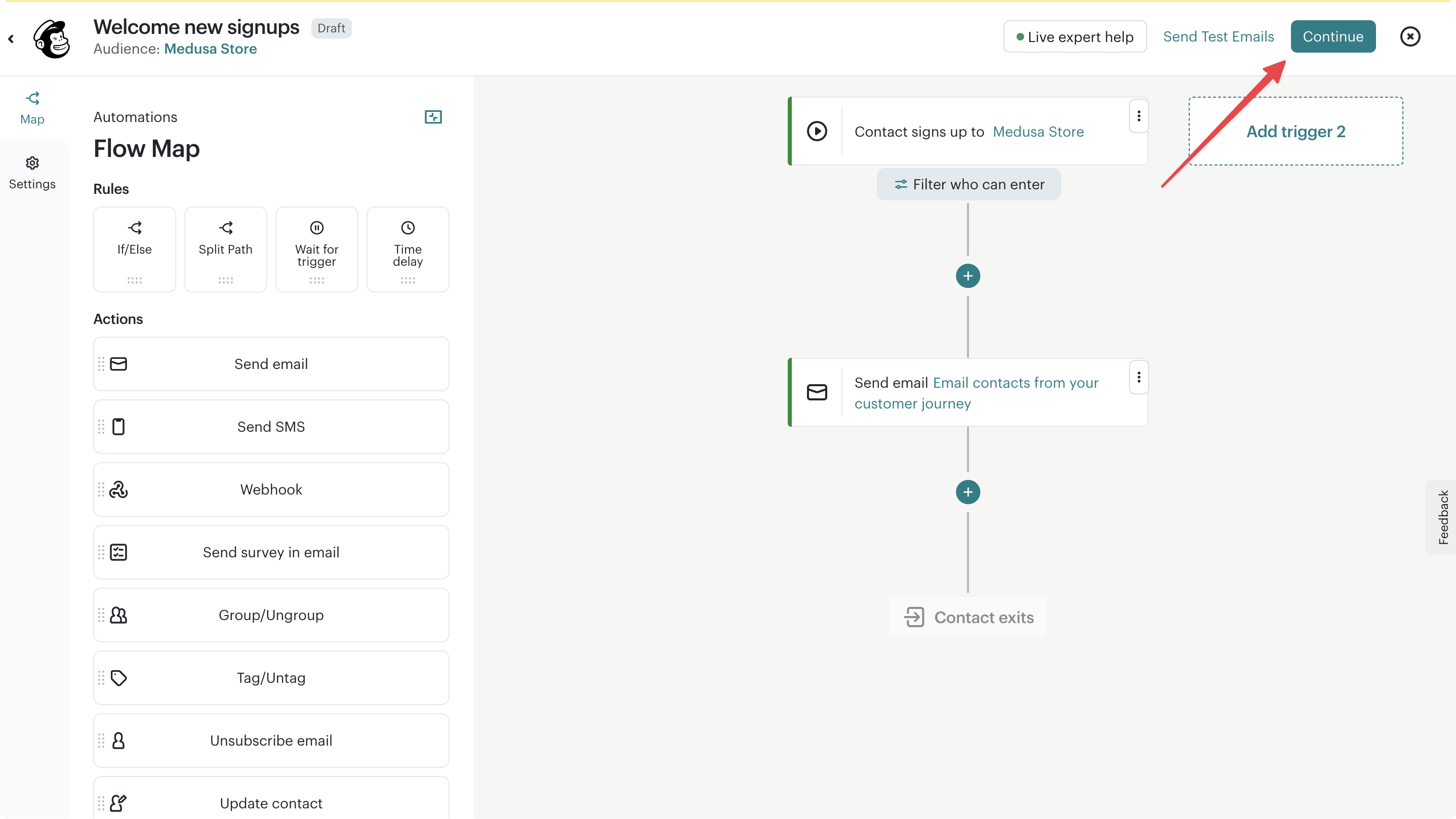Mailchimp automation flow editor with the Continue button highlighted
