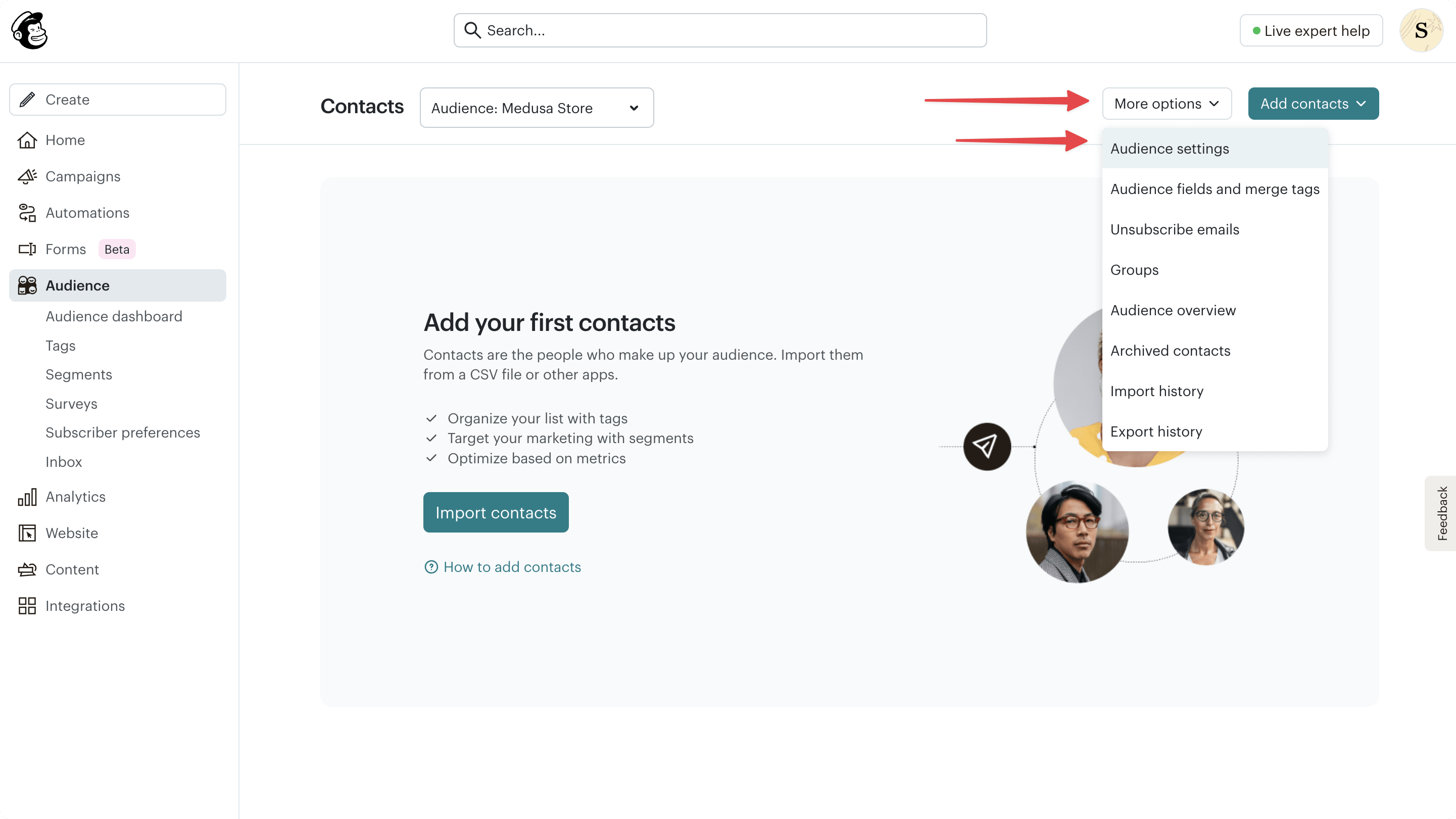 Mailchimp audience contacts page with the More options button highlighted