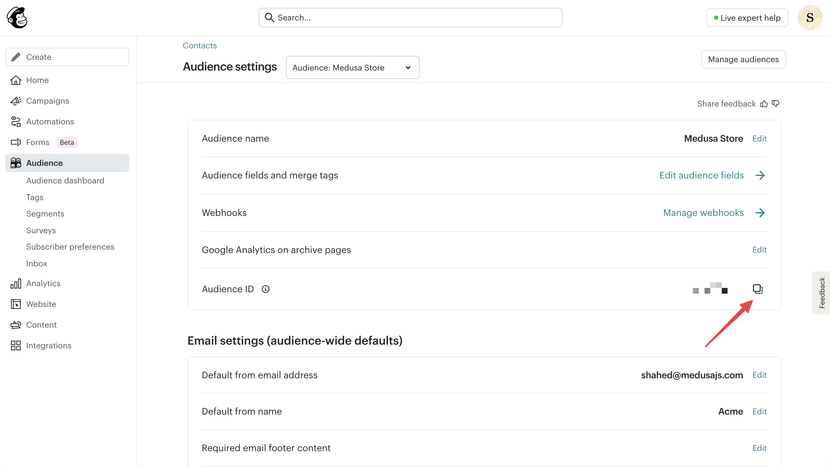 Mailchimp audience settings page with the Audience ID highlighted