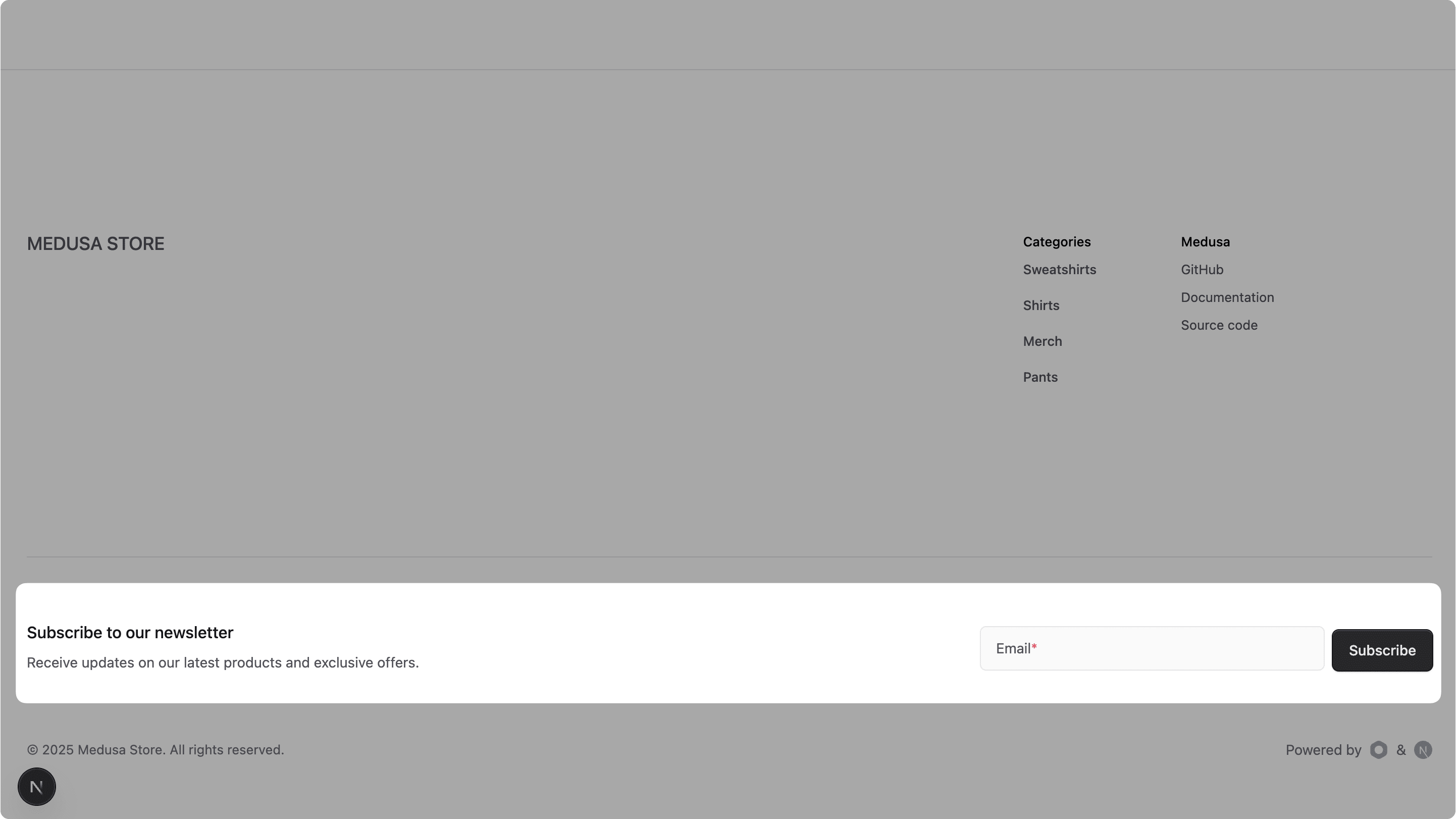Next.js Starter Storefront with the newsletter subscription form in the footer