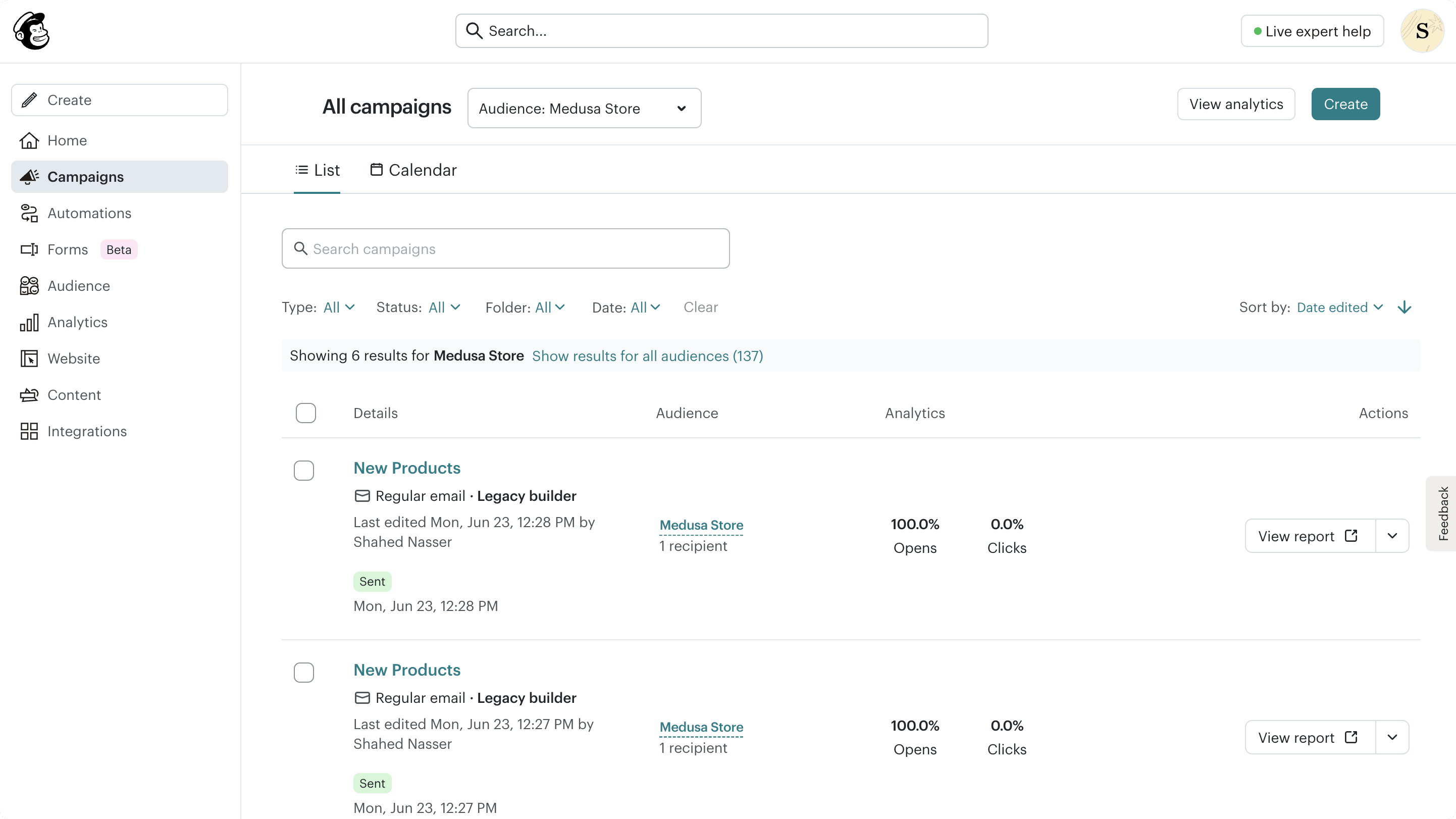 Mailchimp campaigns page with the New Products campaign highlighted