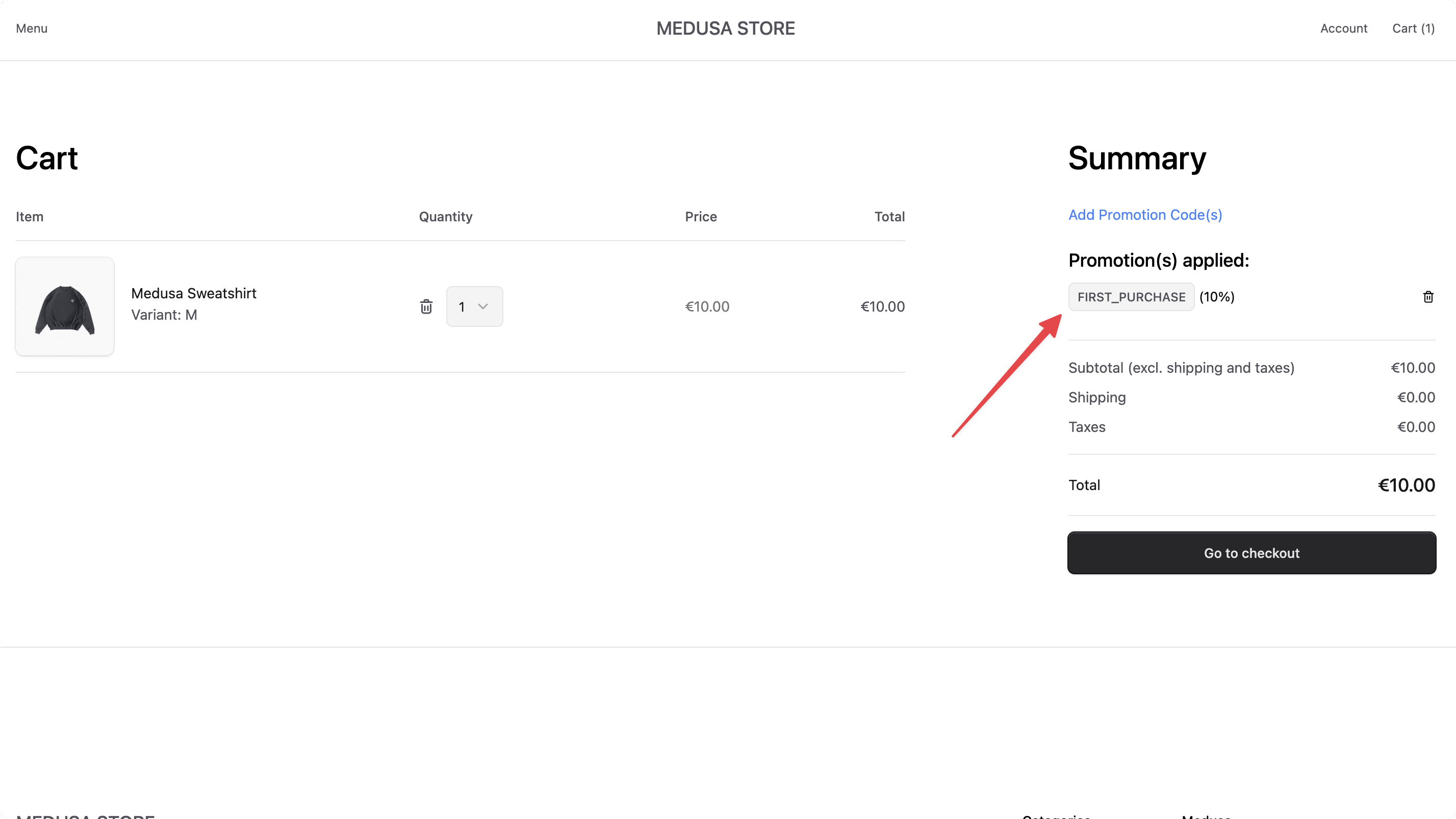 Cart page with first-purchase promotion applied