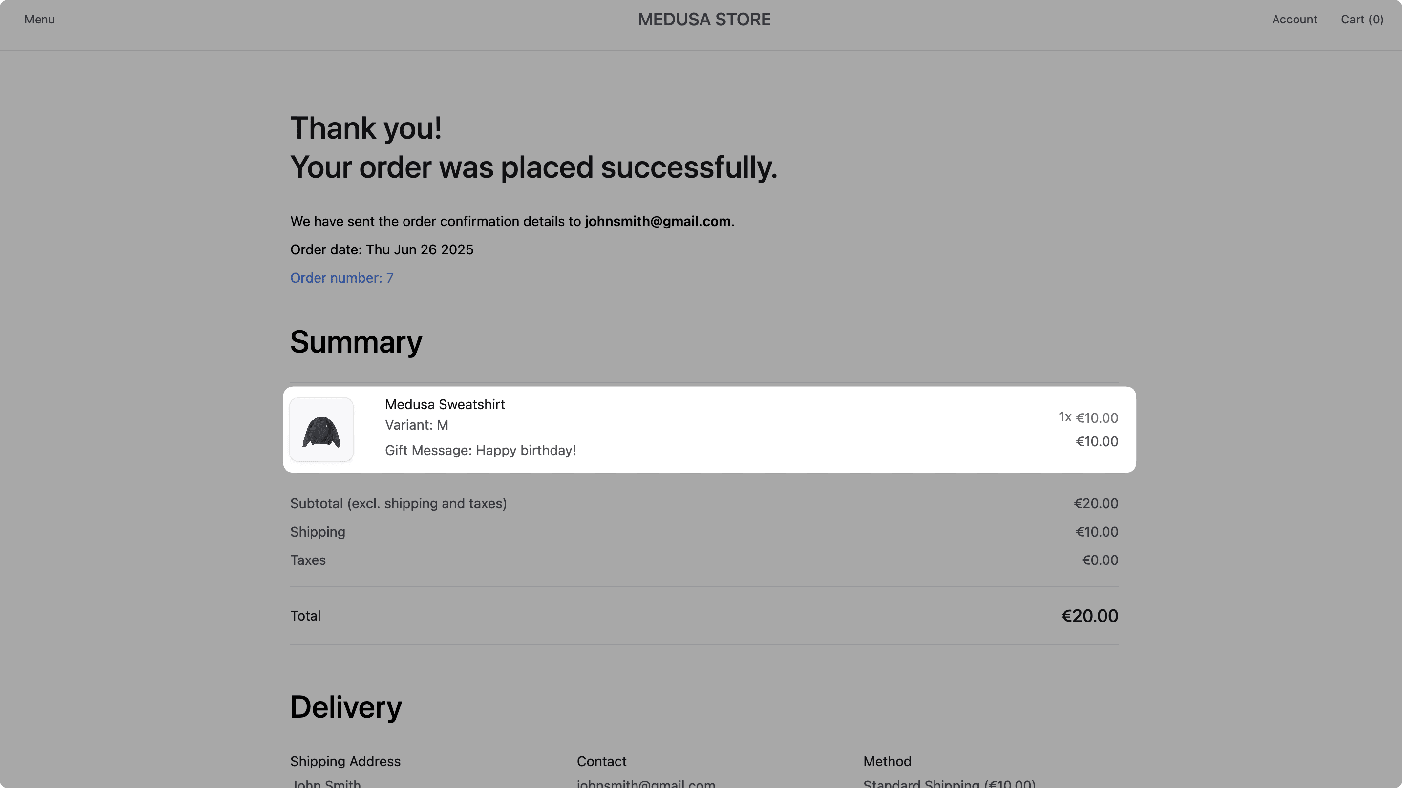 Gift message on order confirmation page